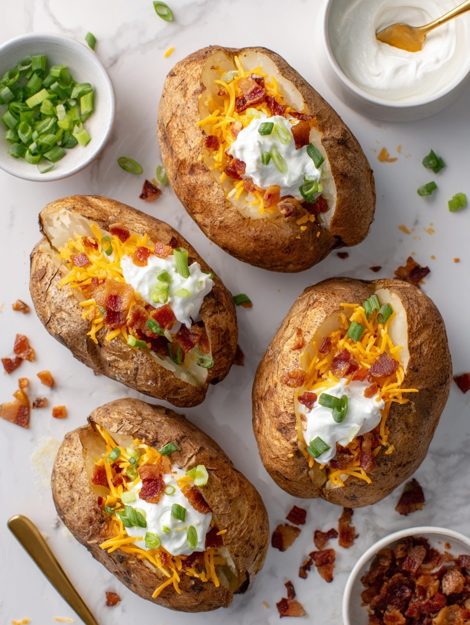 Four baked potatoes are arranged on a white plate with a textured rim, placed on a white marbled surface. Each potato has a brown, crispy skin with a split top, showing layers of soft white potato inside. On top, there are small orange shredded cheese pieces, light brown crispy bacon bits, dollops of white sour cream, and scattered slices of bright green chopped spring onions. Behind the plate, a small white bowl holds extra sour cream with a golden spoon resting inside. The photo taken with an iphone --ar 2:3 --v 7