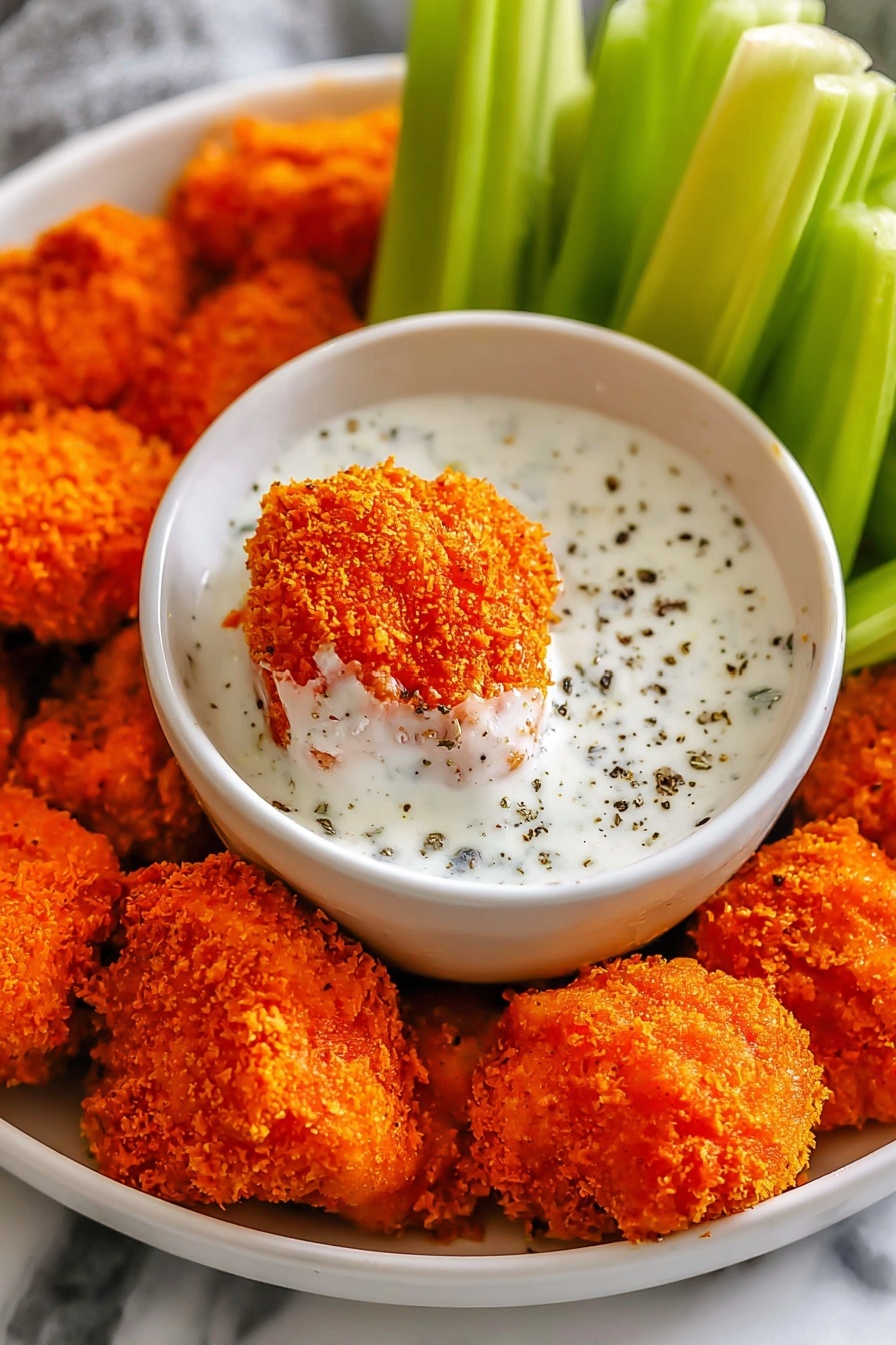 The image shows a white bowl in the center filled halfway with white creamy dip sprinkled with black pepper, and inside the dip, one bright orange crispy piece is dipped. Three light green celery sticks are placed upright inside the bowl on the left side. Surrounding the bowl are many more bright orange crispy pieces with a rough texture, all resting on a white plate. The background features a white marbled surface. photo taken with an iphone --ar 2:3 --v 7