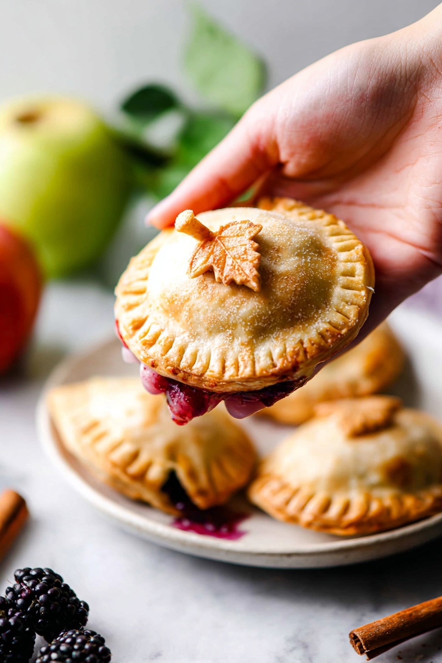 A golden brown hand pie shaped like an apple held by a woman's hand, with crimped edges and two decorative pastry leaves on top, a small stem, and a shiny sugar coating; a small spot of dark red filling oozes out from one edge. The pie rests above a white plate holding more of the same pies, set on a surface with white marbled texture. A fresh blackberry and a stick of cinnamon are nearby with blurred green apples in the background. Photo taken with an iphone --ar 2:3 --v 7