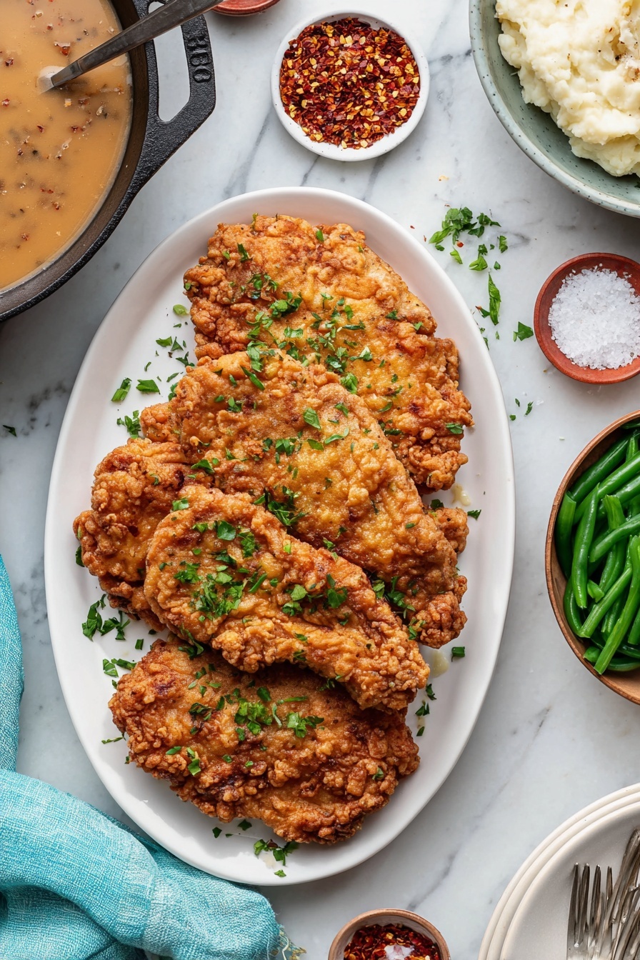 The image shows three pieces of crispy fried food with a rough, golden-brown crust, arranged overlapping on a white oval plate. Small green herb pieces are scattered on top. Around the plate are small wooden and ceramic bowls filled with green beans, white rice, coarse salt, black pepper, and red pepper flakes. To the left, a black pan contains light brown gravy with a smooth, thick texture. The whole scene is set on a white marbled surface. photo taken with an iphone --ar 2:3 --v 7