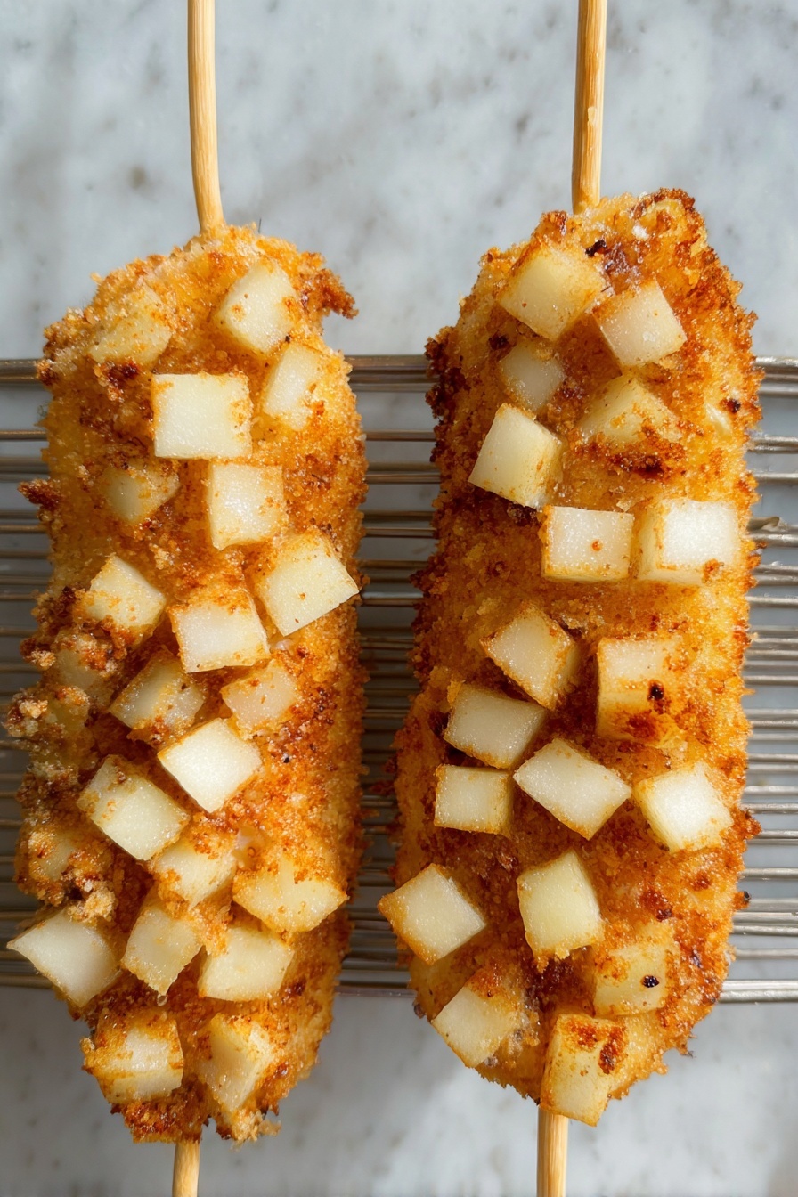 Two fried corn dogs covered with golden brown crispy coating and small white potato cubes stuck to the surface, placed side by side on a metal cooling rack. The corn dogs have wooden sticks at the bottom, and the background is a white marbled texture. The potato cubes are evenly distributed on the fried coating, creating a bumpy texture. Photo taken with an iphone --ar 2:3 --v 7