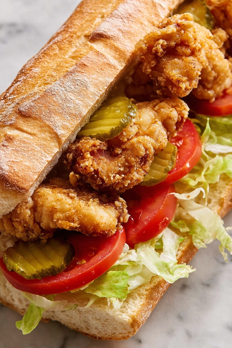The image shows an open sandwich on a white plate placed on a white marbled surface. The sandwich has four main layers: the bottom layer is a toasted golden brown hoagie roll spread with a creamy white sauce; on top of the sauce is a layer of crispy browned fried shrimp arranged side by side; next, there is a layer of shredded pale green lettuce covering half of the sandwich; on top of the lettuce are several green pickle slices; the top layer features two thick slices of bright red tomato. Surrounding the plate are more pieces of fried shrimp on another white plate, a small white bowl with creamy white sauce and a spoon, some shredded lettuce with tomato and pickle on a white plate, and a blue and white striped cloth. photo taken with an iphone --ar 2:3 --v 7
