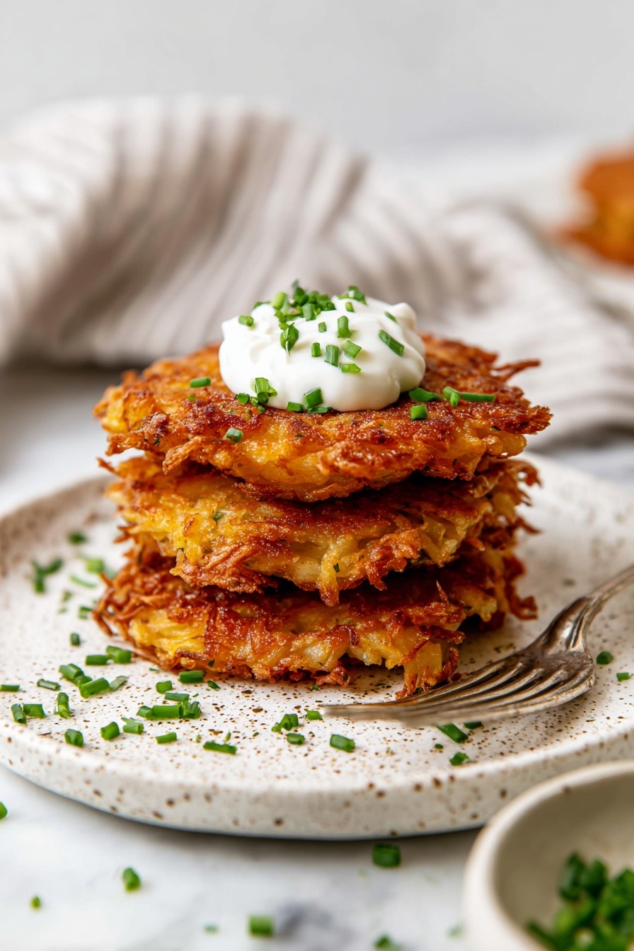 A stack of four golden brown crispy potato pancakes sits on a white plate with a speckled pattern, placed on a white marbled surface. The pancakes are irregularly shaped with rough, crunchy edges and visible grated potato texture. The top pancake is topped with a dollop of white sour cream and sprinkled with chopped green chives. Some chopped chives are also scattered on the plate around the stack. A silver fork lies next to the pancakes on the plate, and a blurred striped cloth is in the background. Photo taken with an iphone --ar 2:3 --v 7