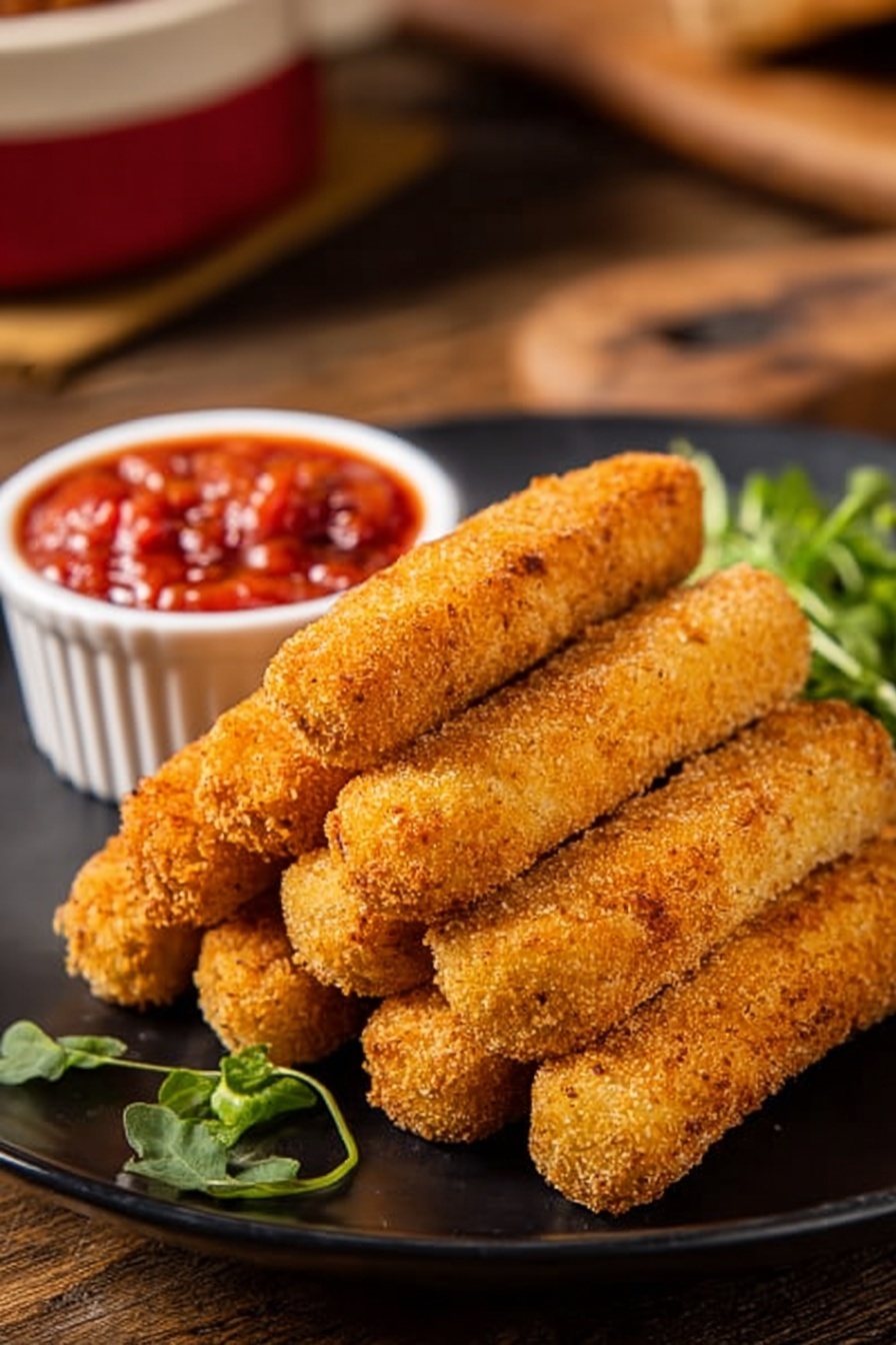 A black dish holds two layers of golden-brown fried sticks arranged neatly; the sticks are crispy with a rough textured coating. On one side of the dish, there is a small white bowl filled with bright red dipping sauce. Next to the bowl, fresh green leaves add a pop of color. The dish sits on a wooden surface with a blurred red container in the background. Photo taken with an iphone --ar 2:3 --v 7