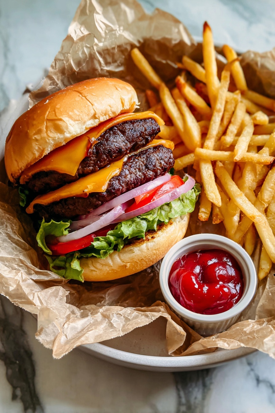 A burger with a light golden toasted bun on top and bottom, sandwiching two dark brown grilled beef patties each topped with orange melted cheese, with two slices of pale green onion, green lettuce, and red tomato underneath, spread with light pink sauce; the burger sits on crumpled brown paper inside a round metal basket, next to a pile of long, thin, golden yellow French fries, and a small round gray bowl filled with shiny red ketchup; the background is a white marbled texture photo taken with an iphone --ar 2:3 --v 7