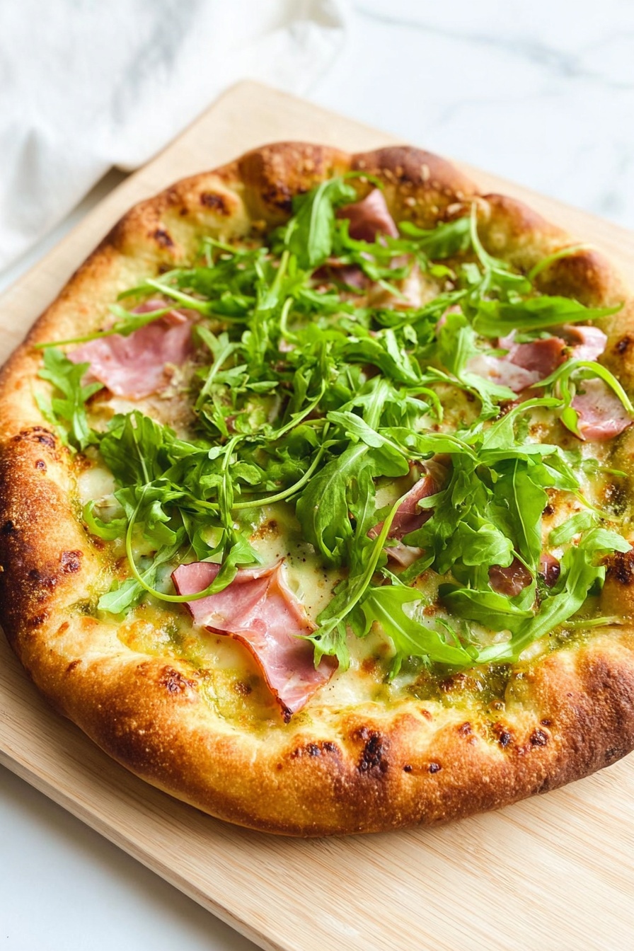 A round pizza with a thin light golden crust is sliced into pieces on a wooden board with radial grooves. The bottom layer is melted white cheese lightly browned in spots, topped with thin slices of pink ham, and generously covered by fresh, vibrant green arugula leaves scattered unevenly across the top. A woman's hand is holding one slice at the bottom right corner of the image, lifting it slightly. The scene is set on a white marbled surface. photo taken with an iphone --ar 2:3 --v 7
