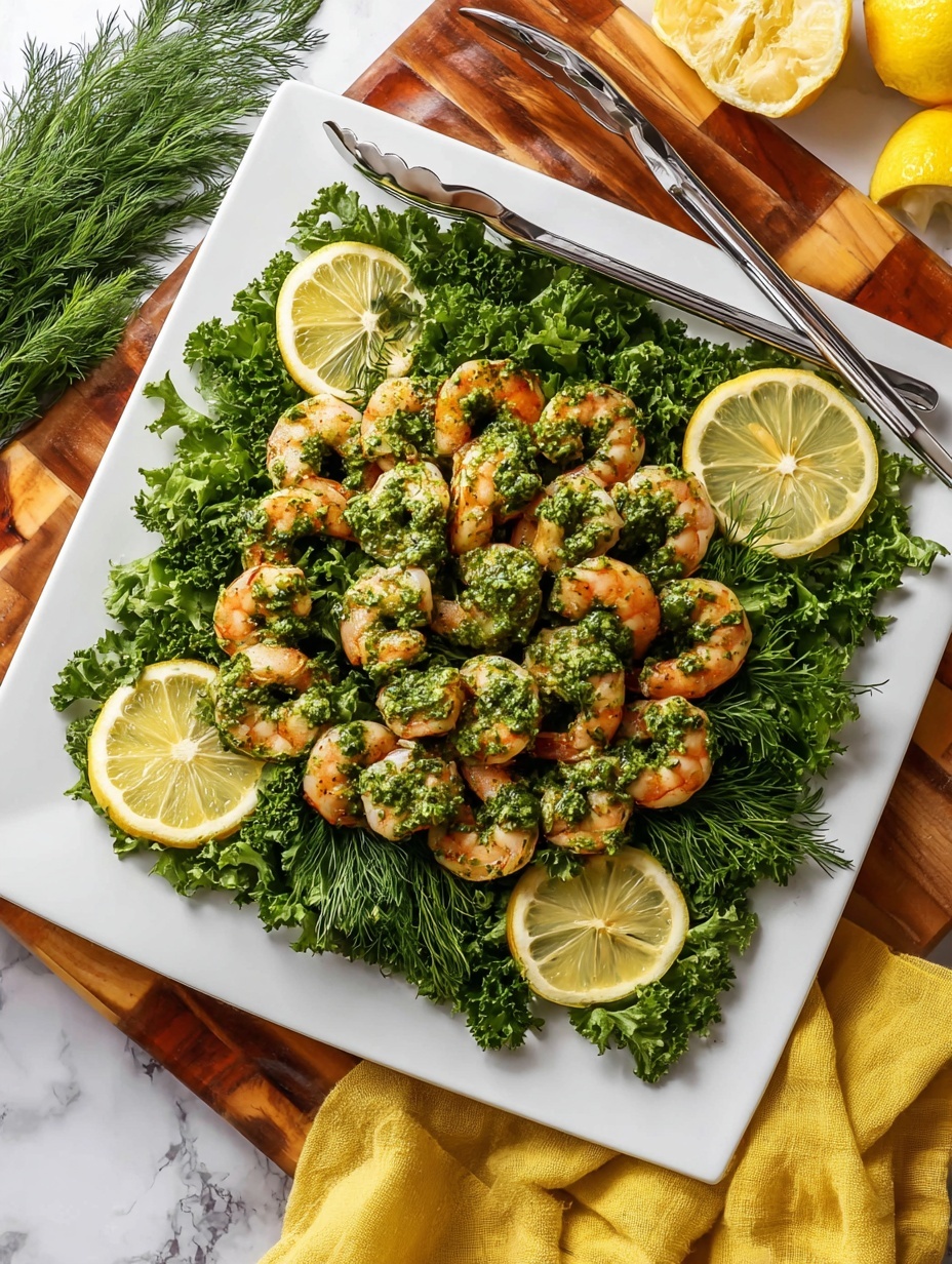 A white square plate is full of cooked shrimp with green herb sauce, arranged in a loose pile on a bed of dark green parsley and dill leaves. Four lemon wedges with bright yellow skin and pale yellow inside are placed evenly around the shrimp, resting on the green leaves. A pair of silver tongs is placed on the top left side of the plate, with the edge resting on the shrimp and leaves. The plate sits on a wooden board with a curved handle on the right, and under the board is a yellow cloth. The whole setting is on a white marbled surface. photo taken with an iphone --ar 2:3 --v 7