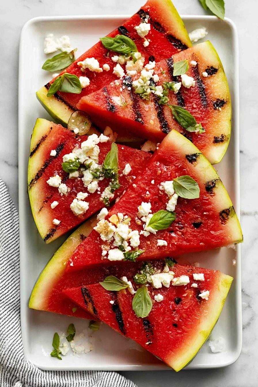 The image shows six large triangular slices of grilled watermelon arranged on a white rectangular plate. Each slice has visible dark grill marks crossing the bright red flesh, which is bordered by a thick green and yellow rind. Small white crumbles of feta cheese are sprinkled evenly on top, scattered among fresh green basil leaves. The plate sits on a white marbled surface with a striped cloth partially visible underneath. The scene is bright and fresh looking, emphasizing the contrast of the red watermelon, white cheese, and green basil. photo taken with an iphone --ar 2:3 --v 7