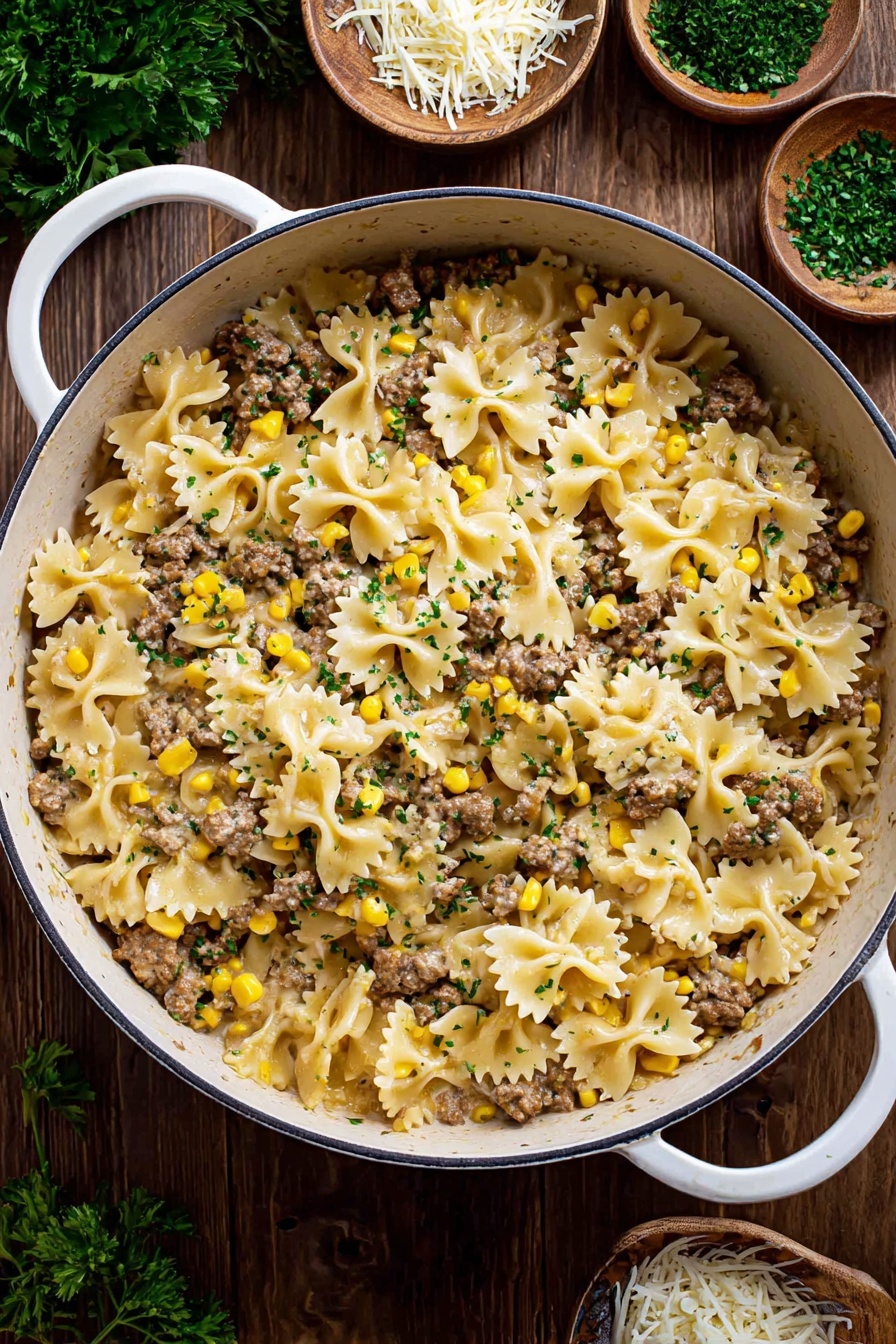 A white pot filled with a mix of farfalle pasta, browned ground meat, and bright yellow corn kernels, all stirred together and sprinkled with green parsley bits. The pasta is light golden and has a slightly creamy appearance, while the ground meat is evenly scattered and has a crumbly texture. The corn adds small pops of yellow color throughout the dish. The pot sits on a wooden surface with scattered parsley and small wooden bowls containing green herbs and shredded cheese nearby. photo taken with an iphone --ar 2:3 --v 7