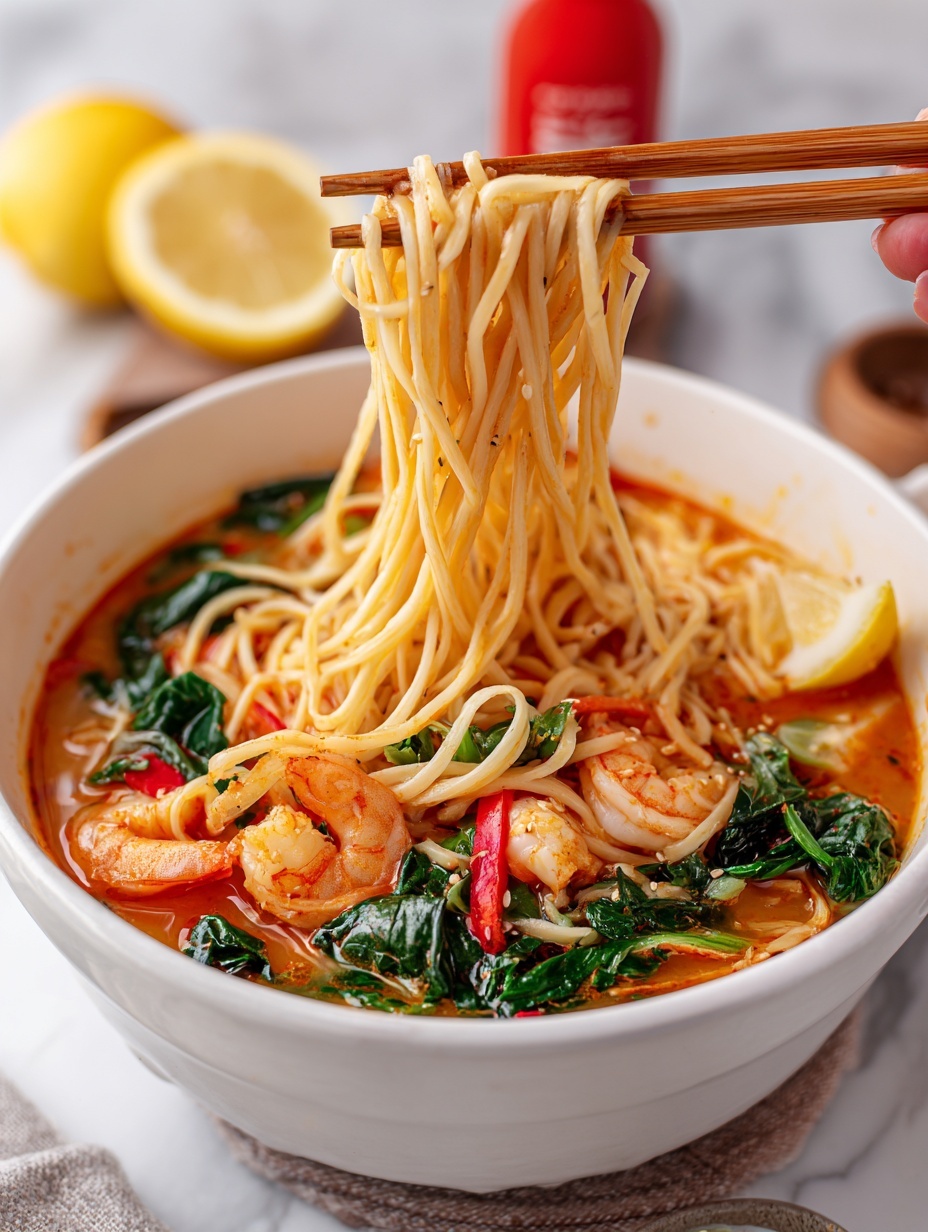 A white plate with a blue patterned rim holds a pile of glossy brown noodles, topped with several shiny, orange-colored shrimp arranged evenly. The shrimp are sprinkled with small white sesame seeds, and finely chopped green onions are scattered over both the shrimp and noodles. A few fresh green cilantro leaves are placed on and around the noodles for decoration. The plate sits on a wooden surface with wooden chopsticks resting behind it. photo taken with an iphone --ar 2:3 --v 7