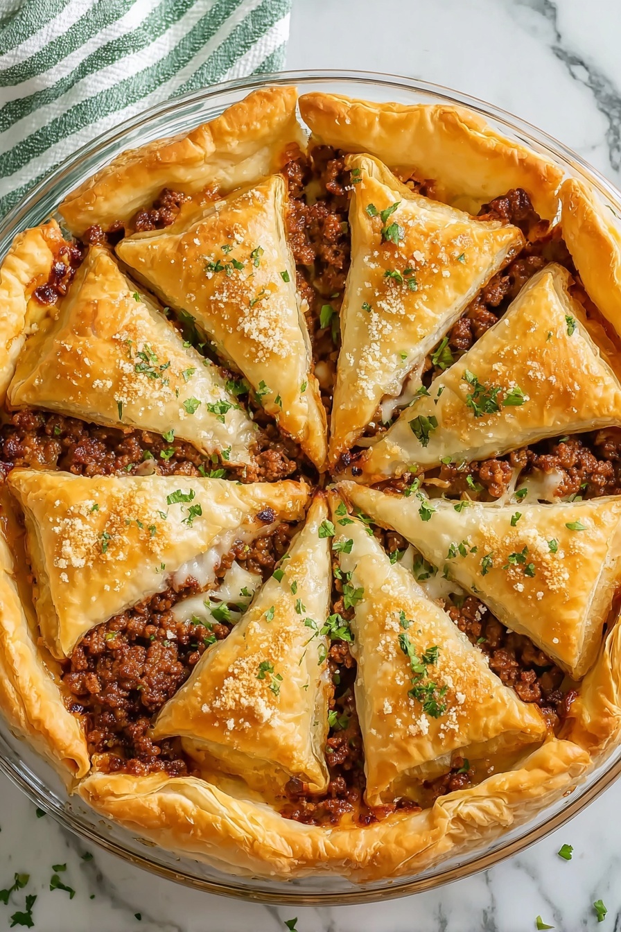 A close-up of a thick slice of lasagna on a white plate, showing four layers: the bottom layer is a smooth, red tomato sauce with cooked minced meat, above it is a thick white ricotta cheese layer, then another layer of cooked minced meat mixed with tomato sauce, and finally a top layer of melted golden-brown cheese with a few small green herb leaves scattered on it. The edges of the lasagna are slightly browned and crispy. The plate is placed on a white marbled surface. Photo taken with an iphone --ar 2:3 --v 7