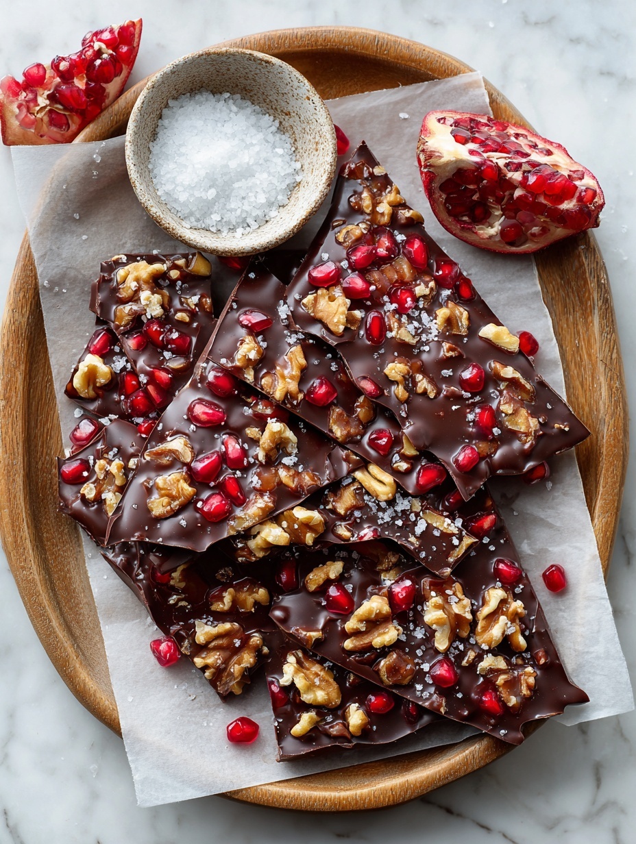 A large dark chocolate bark with a smooth, glossy surface is broken into several irregular pieces, each topped with bright red pomegranate seeds and light brown chopped walnuts scattered unevenly across the top. The chocolate pieces rest on a piece of parchment paper over a textured dark tray, with some extra pomegranate seeds and walnut bits scattered around. In the background, there is a small round dish filled with coarse sea salt and a half-open pomegranate showing its shiny seeds. The scene is set on a white marbled texture. Photo taken with an iphone --ar 2:3 --v 7