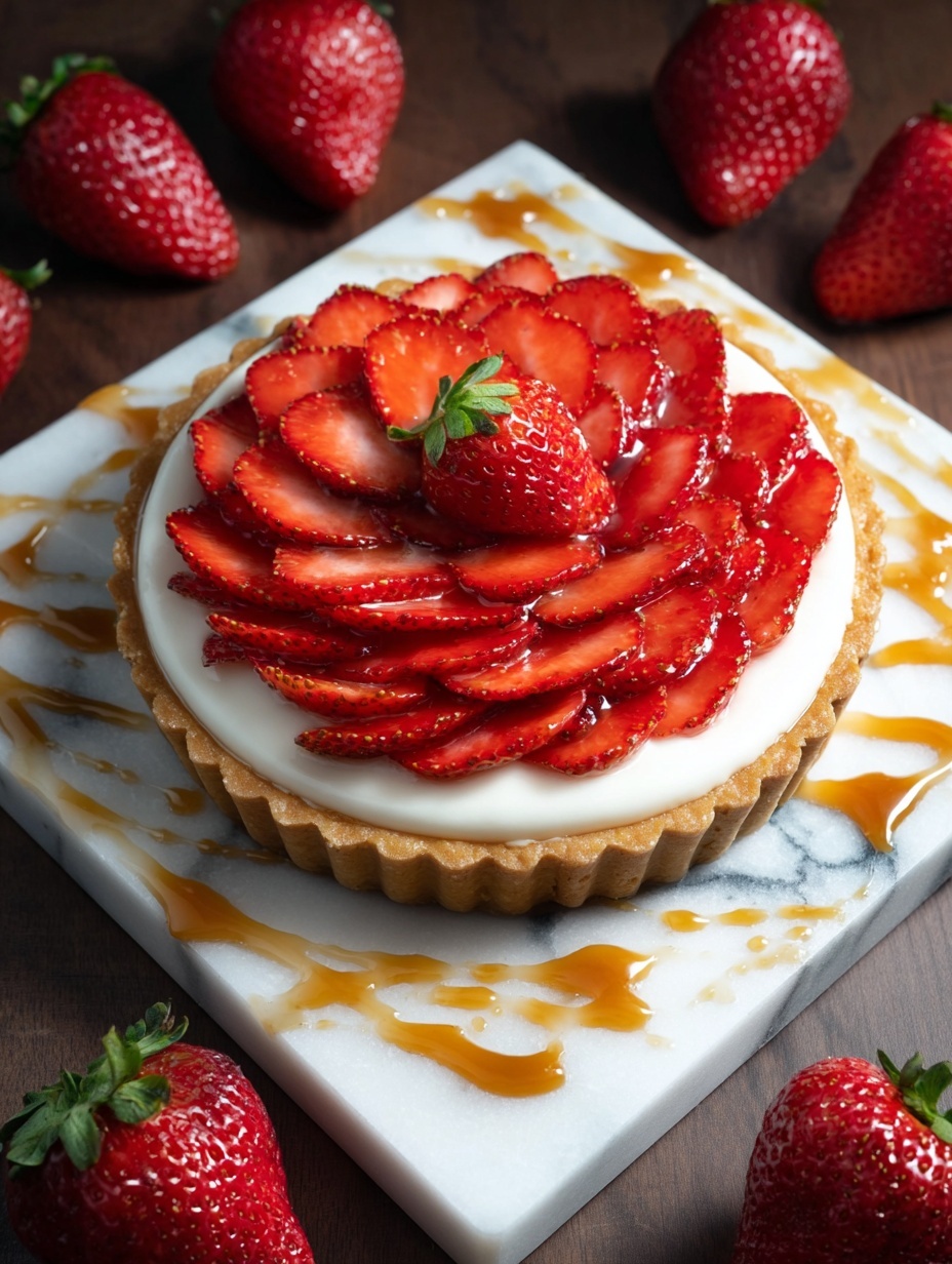 A strawberry tart is placed on a white marble square board with caramel sauce swirled around it in a circle. The tart has a golden-brown crust as the base layer, followed by a smooth white cream layer spread evenly on top. Sliced fresh strawberries are arranged in a spiral pattern over the cream, with a whole strawberry standing upright in the center. The board is surrounded by whole strawberries on a dark wooden surface. photo taken with an iphone --ar 2:3 --v 7