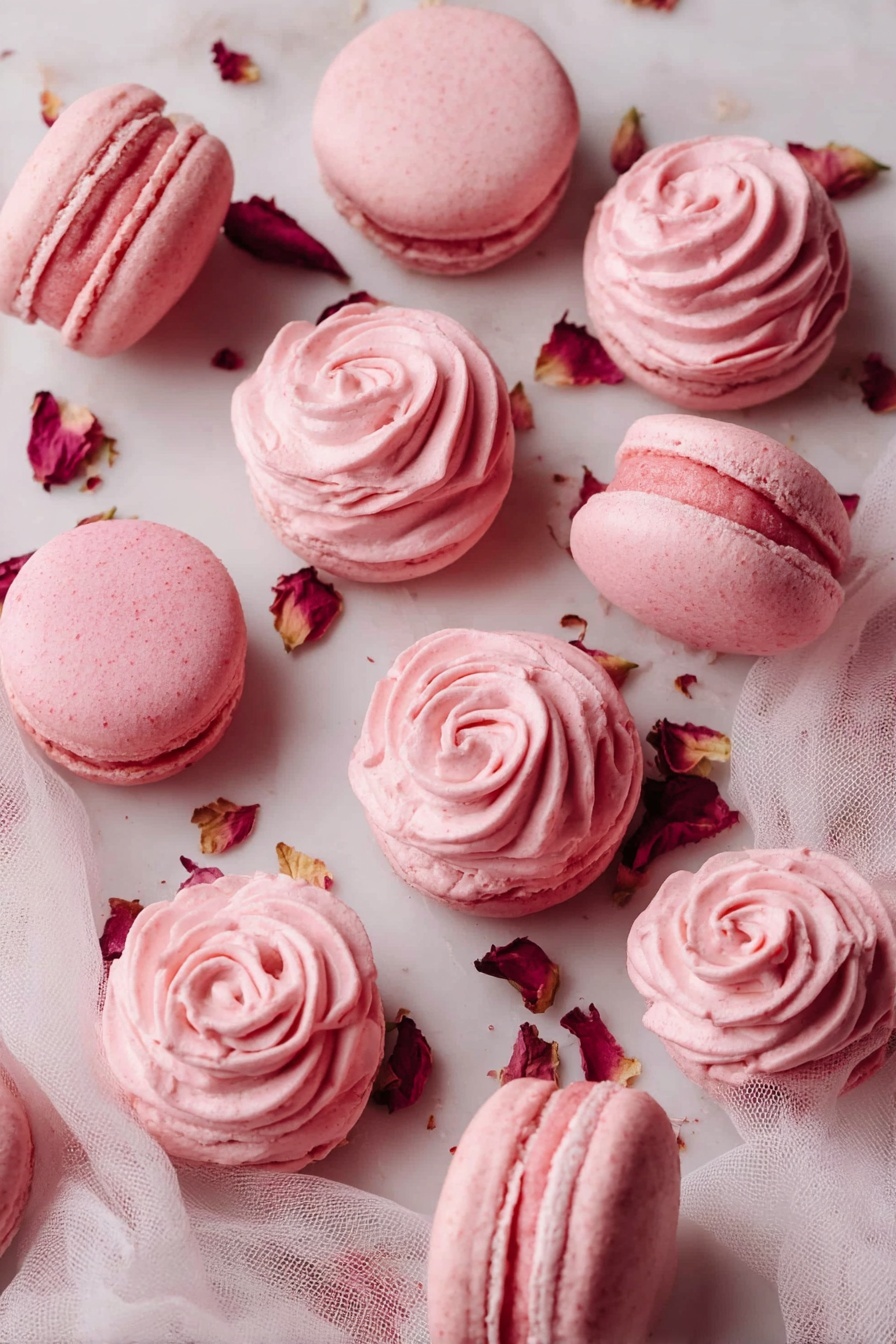 The image shows several pink macarons lying on a white marbled surface with a soft white cloth in the background. Each macaron has two round, slightly textured pink shells with a smooth pale pink cream layer sandwiched in the middle. The macarons have a light, airy look with delicate ridges around their edges. Around the macarons, there are small scattered rose petal pieces adding a touch of color and texture to the scene. photo taken with an iphone --ar 2:3 --v 7