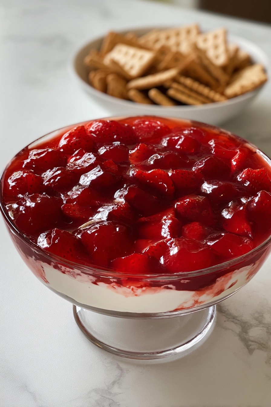 A clear glass bowl holds a layered dessert with a bright red jelly top layer that is shiny and slightly wavy, showing whole strawberries underneath. Below the jelly, a creamy light layer can be faintly seen, giving a contrast to the vibrant red. In the background, a white bowl filled with square brown crackers is visible, set on a white marbled surface. The scene is simple and fresh, with the clear bowl and colorful dessert as the focus. photo taken with an iphone --ar 2:3 --v 7