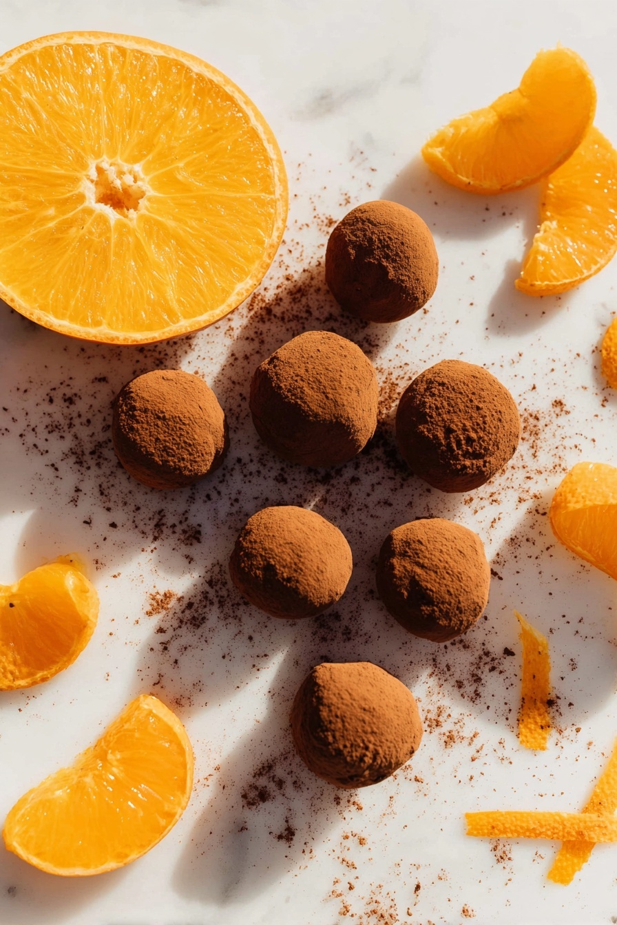 The image shows about fifteen round chocolate balls dusted with brown cocoa powder scattered on a white marbled surface. On the upper left corner, there is a half bright orange, while on the lower left and right sides, there are two bright orange wedges with visible juicy texture. Thin orange zest strips are scattered around the chocolate balls, adding contrast to the scene. The cocoa powder lightly smudges the white marbled surface near the chocolate balls, enhancing the rustic and natural look of the arrangement. Photo taken with an iphone --ar 2:3 --v 7