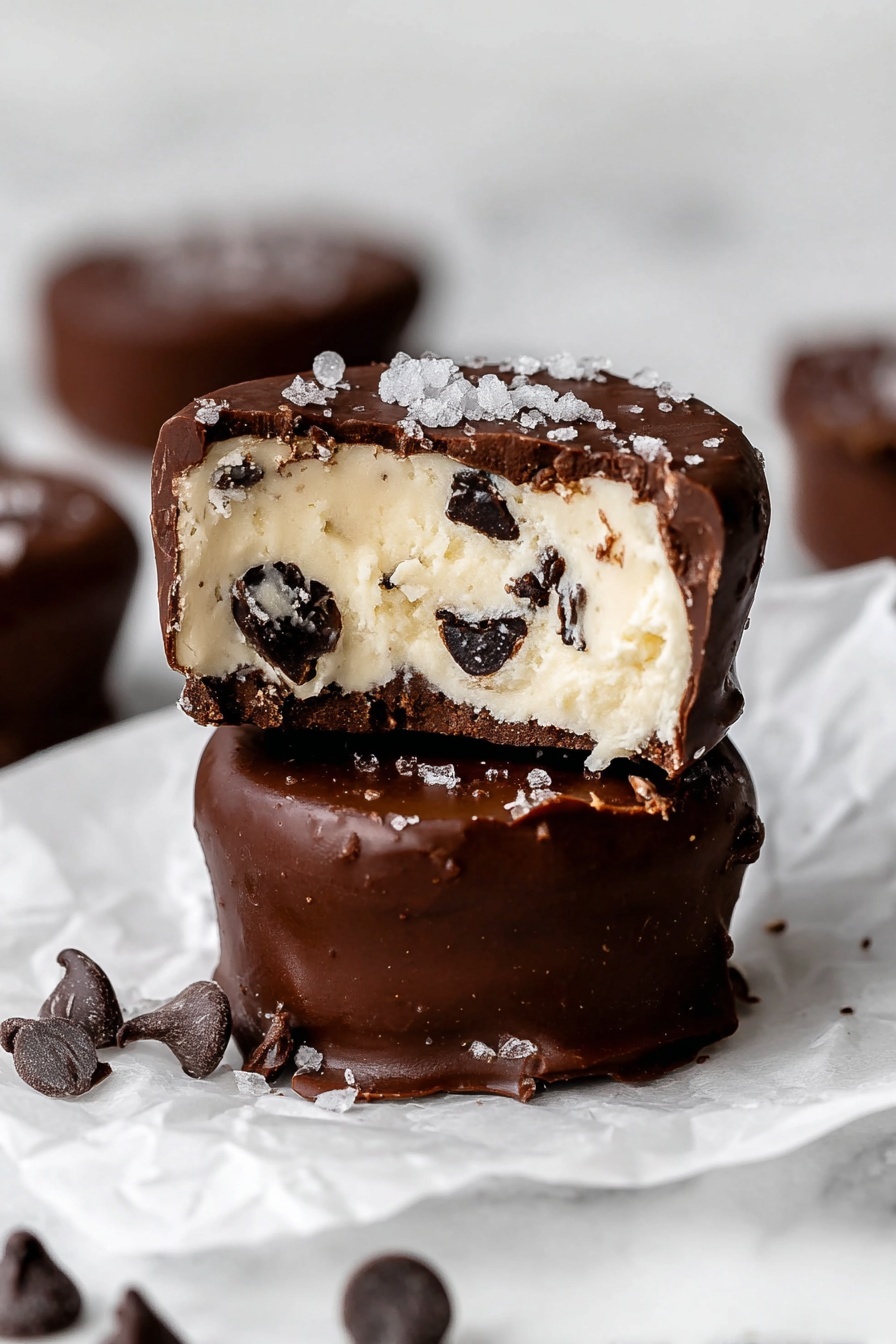 The image shows six round chocolate-covered treats on a white crumpled paper placed over a metal cooling rack with a white marbled surface underneath. Each treat has a smooth, shiny dark chocolate layer on the outside, sprinkled with coarse salt crystals on top. Two of the treats are cut in half to show the inside, revealing a thick, light cream-colored filling with some small chocolate chips embedded within. Around the treats, there are scattered chocolate chips on the white marbled surface. The photo has a clean, bright look with soft shadows. Photo taken with an iphone --ar 2:3 --v 7