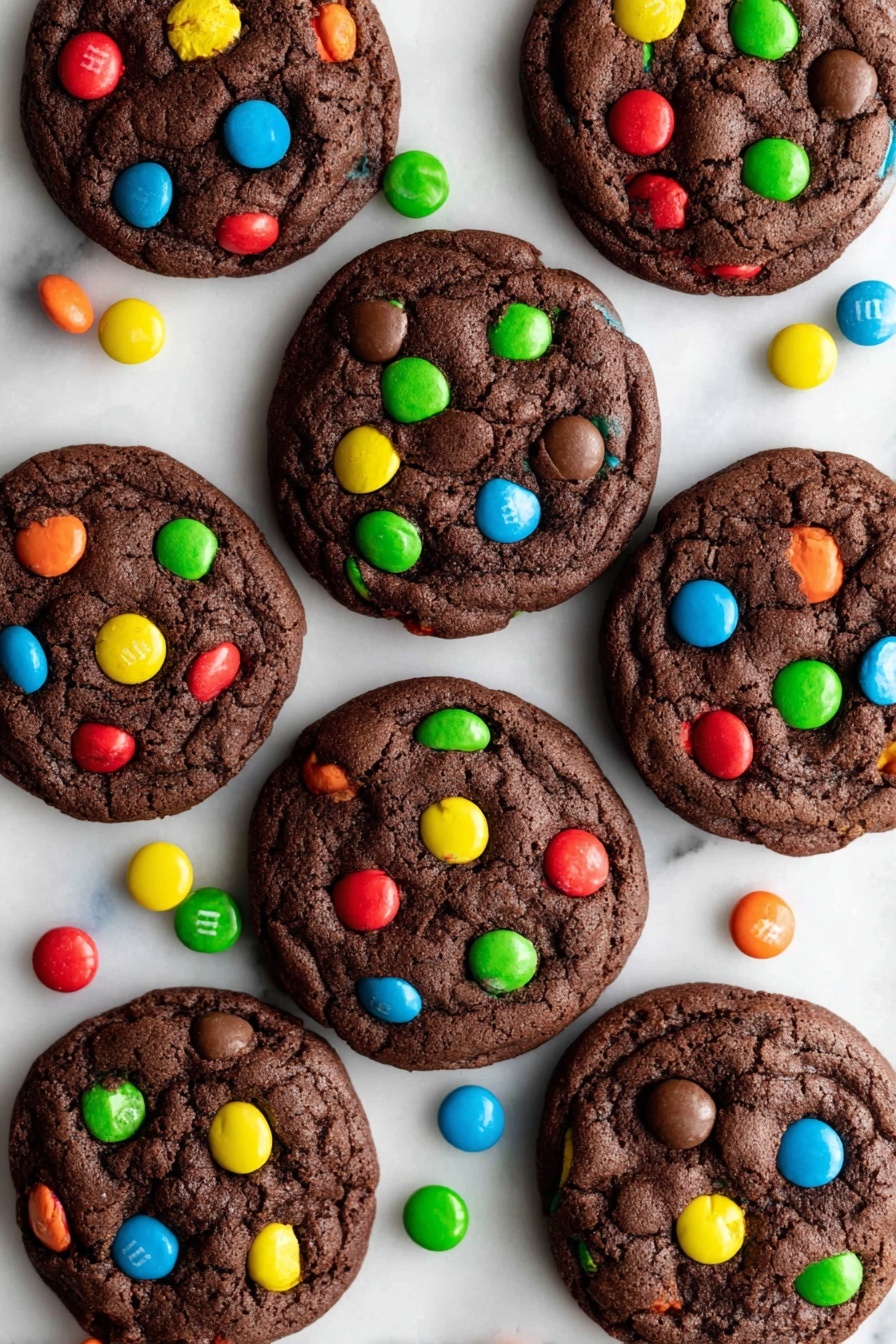 The image shows nine round, dark brown chocolate cookies arranged in a close grid on a white marbled surface. Each cookie is topped with colorful candy pieces in red, blue, green, yellow, and orange, spread unevenly across the top layer. The candy pieces have a smooth, shiny texture contrasting with the matte, slightly cracked surface of the cookies. Some candies are even seen scattered loosely around the cookies on the marbled background. The cookies appear soft with gentle edges, and each one has a single uniform dark brown layer with candy pieces embedded on top. photo taken with an iphone --ar 2:3 --v 7