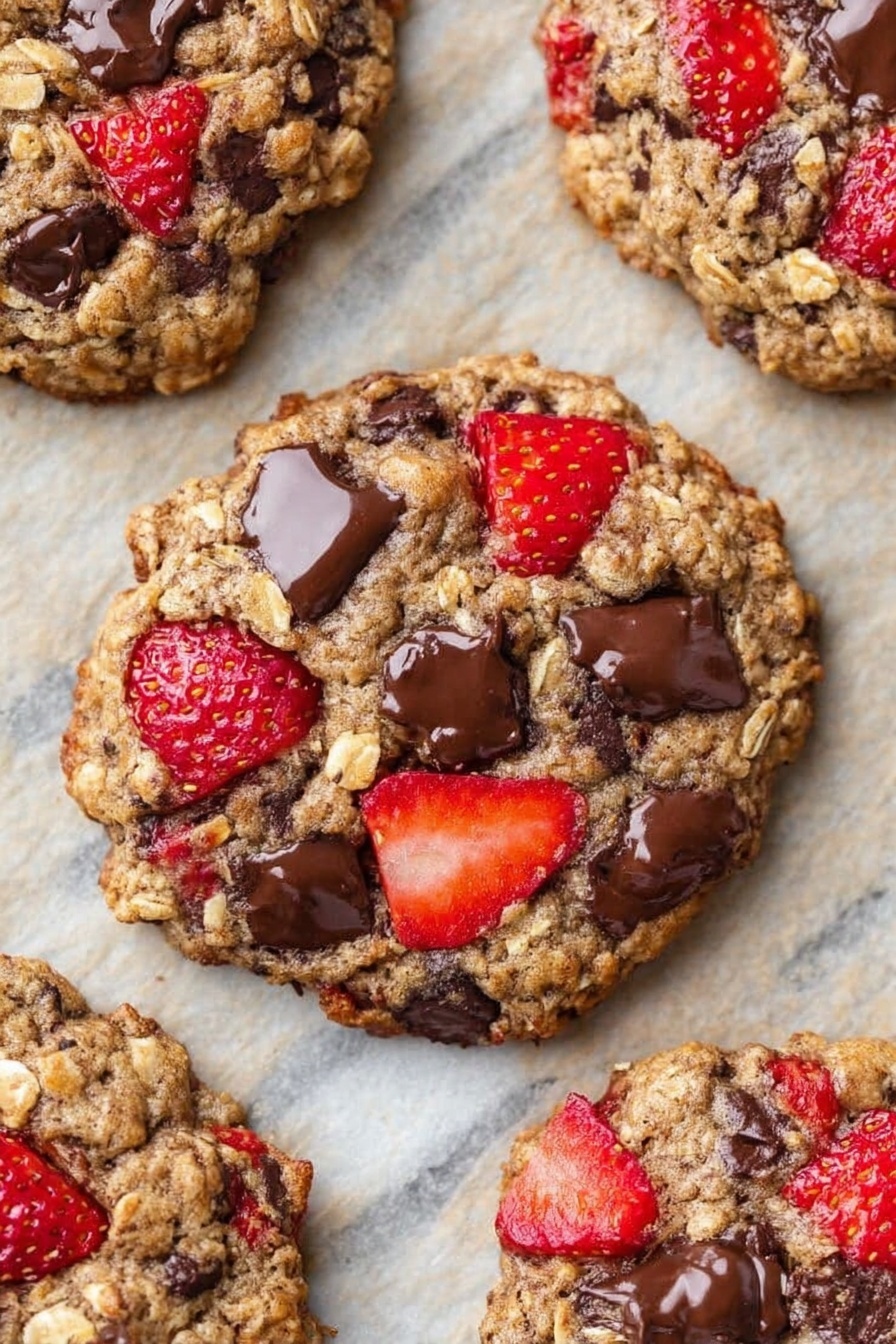 The image shows a close-up of a single large oatmeal cookie with visible layers of textured oats, dark melted chocolate blobs, small smooth chocolate chips, and bright red strawberry slices embedded on top, giving the cookie a mix of soft and crunchy textures. The cookie rests on a light baking paper background which has a subtle tan shade, enhancing the rustic look. Around the cookie, parts of other similar cookies with matching colors and textures are visible, creating a cozy and appetizing scene. photo taken with an iphone --ar 2:3 --v 7
