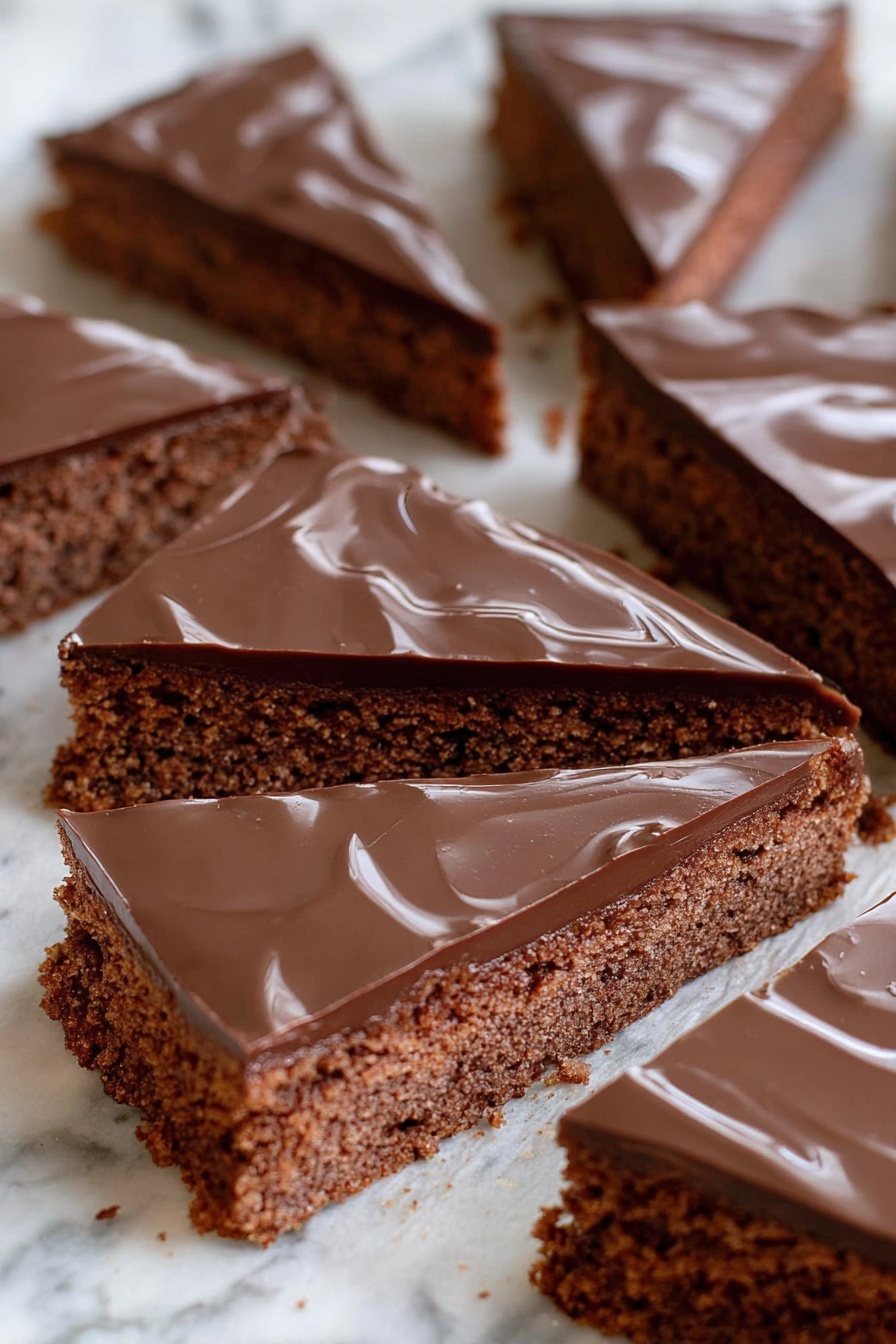 Four rectangular bars are stacked unevenly on a white plate with a white marbled background. Each bar has two layers: a thick, crumbly brown base that looks soft and textured, and a smooth, slightly shiny chocolate layer on top. Small crumbs are scattered around the plate, adding a casual feel. The top layer is thin and glossy, contrasting with the dense, rough texture of the bottom part. photo taken with an iphone --ar 2:3 --v 7