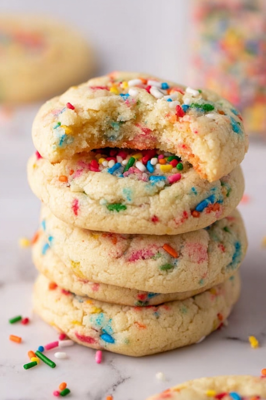 The image shows twelve small, round scoops of cookie dough arranged in a 3 by 4 grid on a clear plastic tray. Each scoop is a pale cream color, mixed with colorful rainbow sprinkles giving a bright and cheerful look with red, blue, green, pink, orange, yellow, and brown bits scattered throughout. The texture looks soft and slightly rough with a few tiny chunks visible inside the dough. The scoops are evenly spaced on the tray. The background is a white marbled texture. photo taken with an iphone --ar 2:3 --v 7