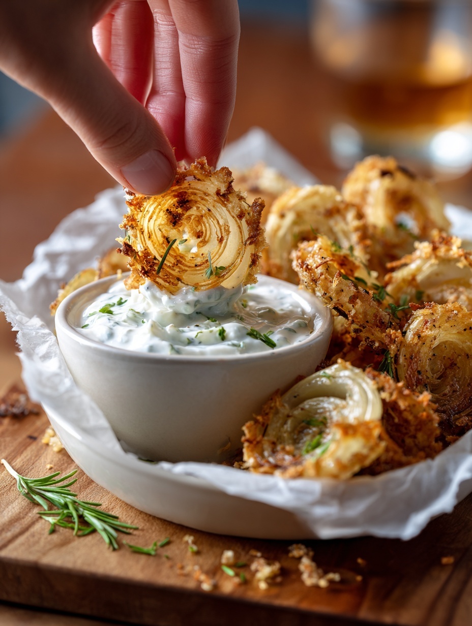 A woman's hand dips a light golden-brown roasted cauliflower floret, with a slightly crispy texture and crumbly topping, into a small white bowl with a thin dark rim filled with thick white creamy sauce. The bowl sits on a piece of parchment paper with scattered green herb sprigs and crumbs on a rustic brown wooden table, creating a warm and inviting scene. In the background, more roasted cauliflower pieces with the same toasted texture are slightly blurred, highlighting the dipping action in the foreground. Photo taken with an iphone --ar 2:3 --v 7