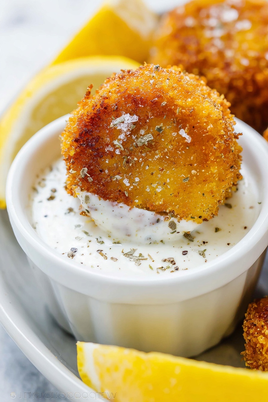 A round, golden brown, crispy fried piece of food is dipped halfway into a white creamy sauce sprinkled lightly with black pepper. The fried piece has a crumbly and crunchy texture with small grains of salt on top. It sits in a small silver cup that is on a white plate with slices of bright yellow lemon in the background on a white marbled texture. Photo taken with an iphone --ar 2:3 --v 7