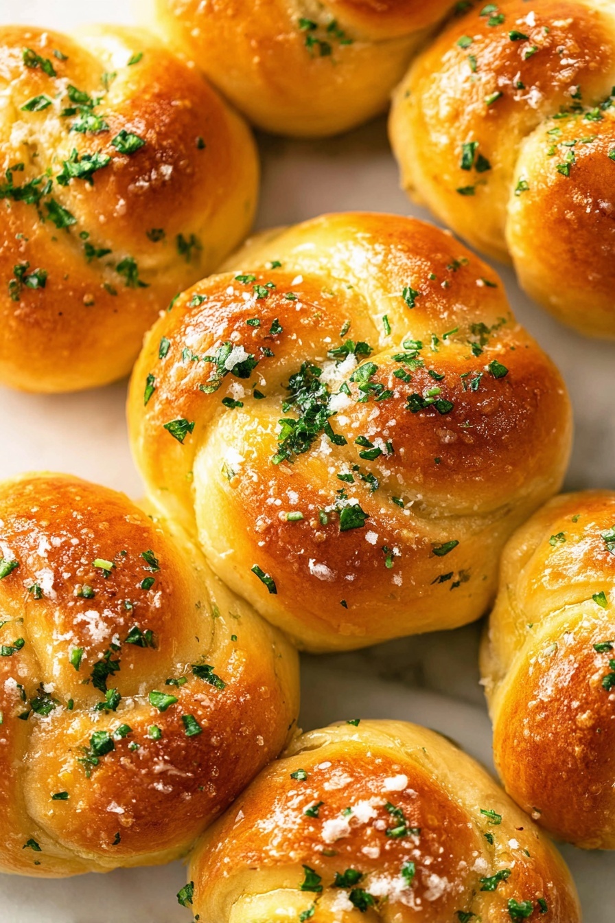 The image shows a close-up of seven golden brown garlic knots arranged closely together on a white marbled surface. Each knot has a soft, shiny texture with a light crust and is sprinkled with chopped green herbs, like parsley, and coarse salt crystals on top. The knots are formed by dough twisted into thick loops, with a slightly puffed and smooth surface that catches the light. The knots have varying sizes but a similar round shape with small folds and creases visible. photo taken with an iphone --ar 2:3 --v 7
