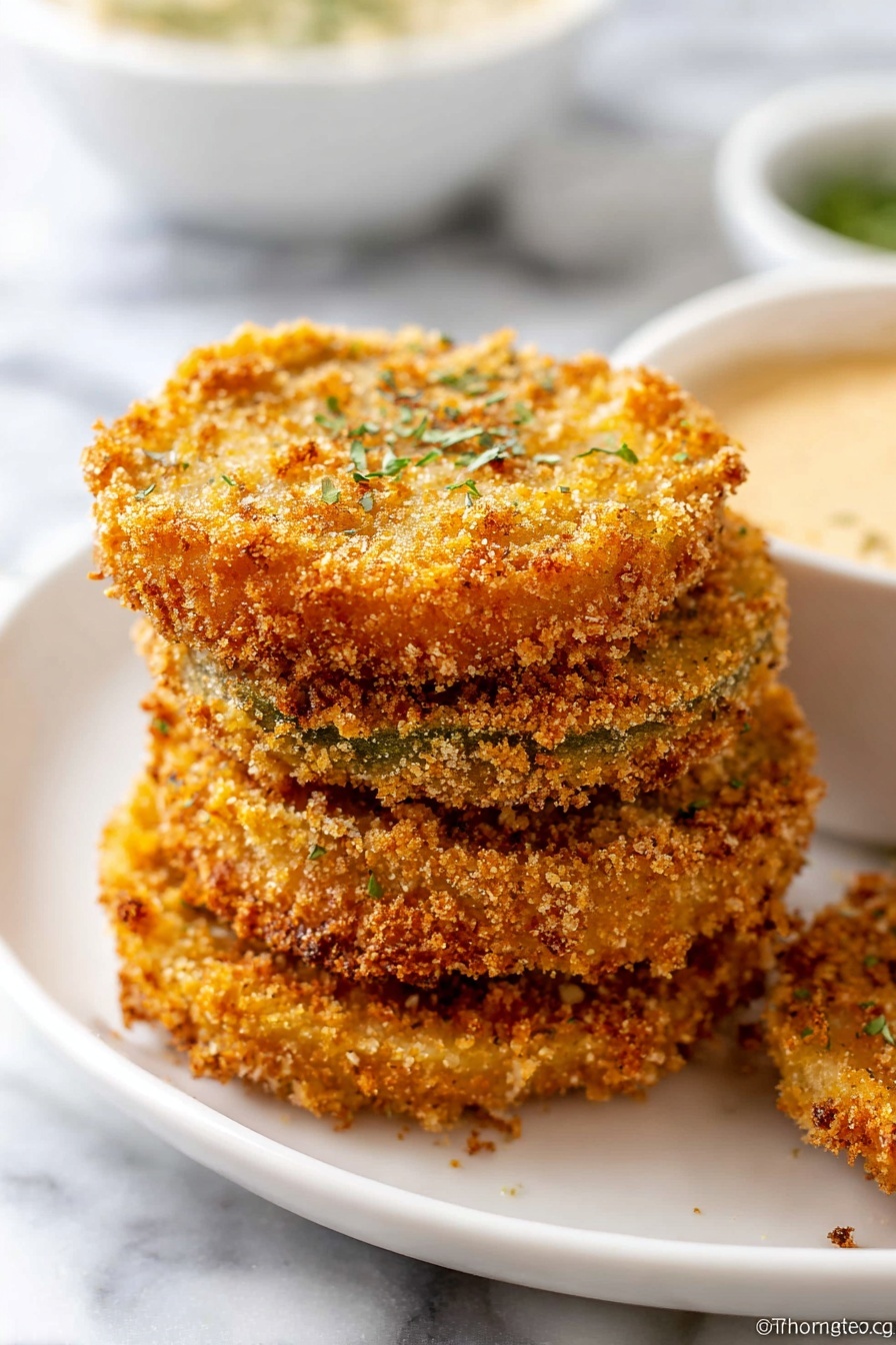 Four round fried green tomato slices are stacked in the center of a shallow white plate, each slice golden brown and covered with a crispy, textured outer layer. The top tomato slice has small bits of green herbs sprinkled over it. In the background, there are blurred white dishes with light-colored sauces, all placed on a white marbled surface. The lighting is soft, showing off the crunchy texture of the tomatoes clearly. photo taken with an iphone --ar 2:3 --v 7