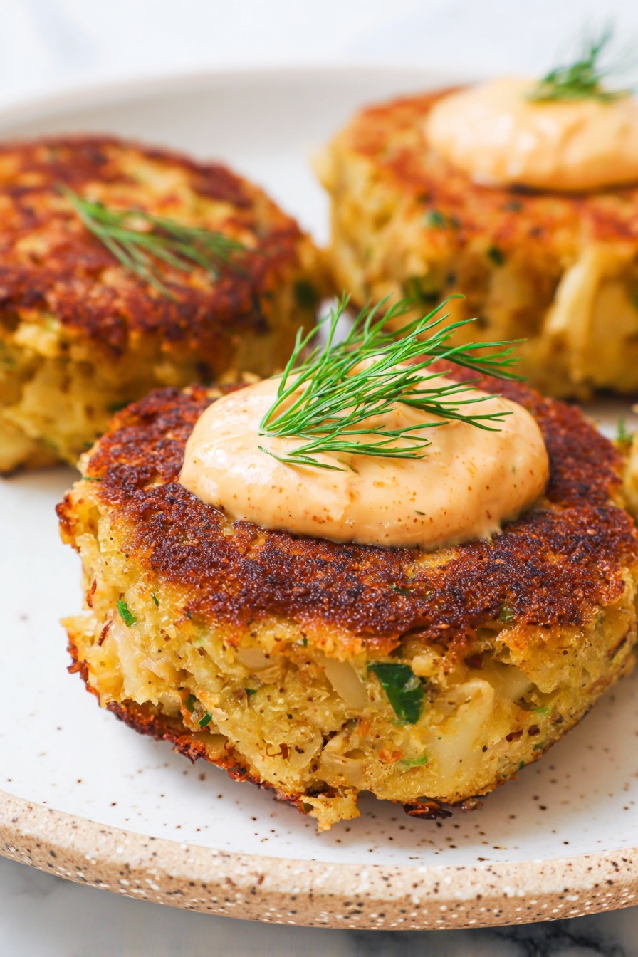 The image shows three round, thick patties with a golden brown crispy crust on the outside and a textured, slightly rough surface with green herb bits mixed in. One patty in the front has a dollop of creamy, pale orange sauce on top, sprinkled with a light dust of red spices, and garnished with a fresh bright green sprig of dill placed over the sauce. The patties are on a white plate with a thin dark rim, and the background has a white marbled texture. photo taken with an iphone --ar 2:3 --v 7