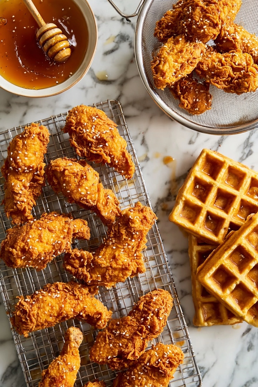 The image shows several golden brown crispy fried chicken tenders arranged on a metal cooling rack, with light crumbs scattered around. To the right of the chicken, there are four pieces of golden waffles stacked overlapping each other on a white marbled surface. At the bottom left corner, there is a small white bowl filled with dark amber syrup. The chicken pieces have a rough texture with small bits of crunchy coating visible. The background is a white marbled texture, and the overall scene is bright with natural light. Photo taken with an iphone --ar 2:3 --v 7