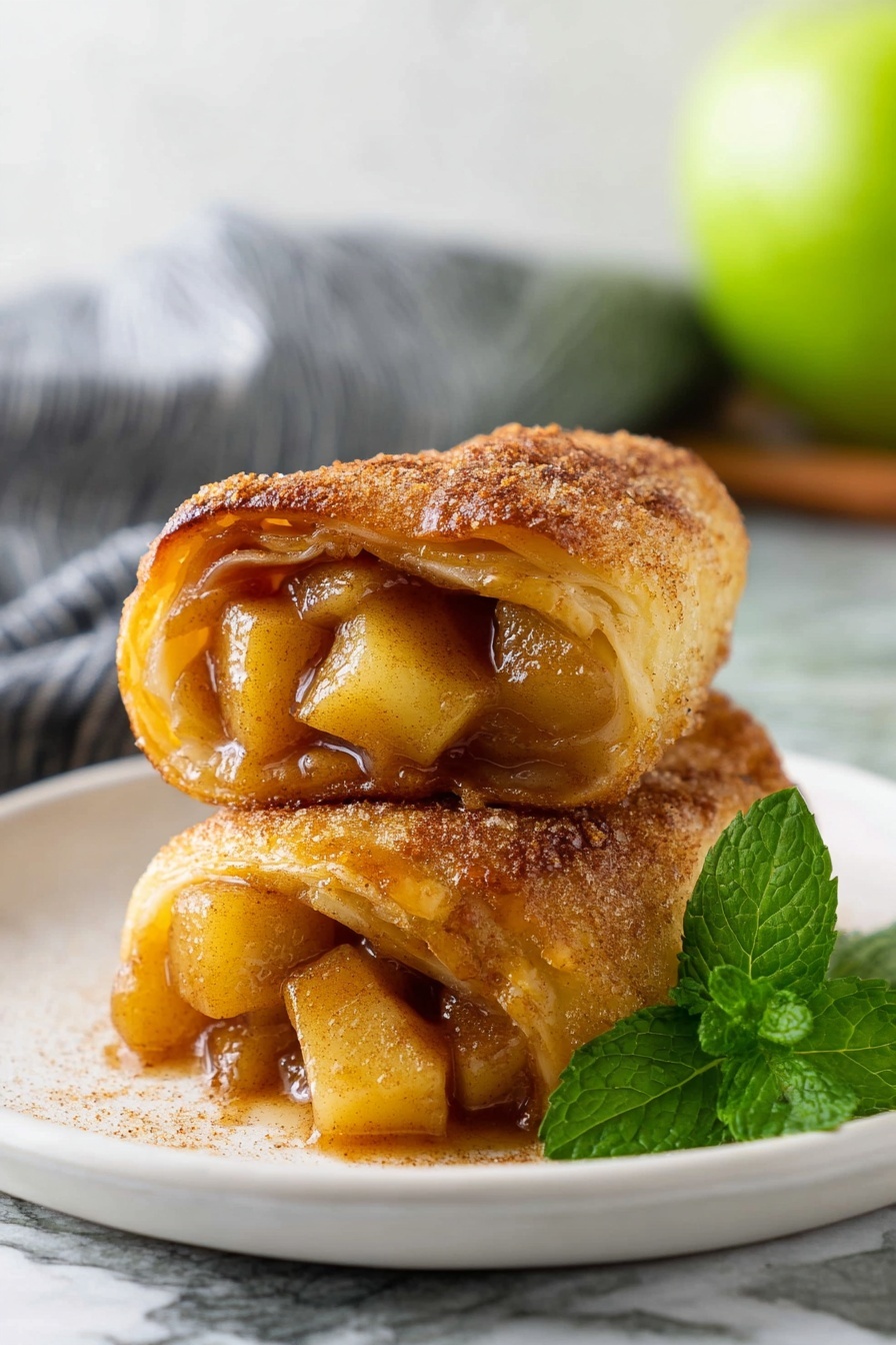 Several golden brown fried rectangular pastries are stacked on a white plate with a few dusted with a light layer of cinnamon sugar. The pastries have a slightly crisp texture with crimped edges. A small white bowl of smooth caramel sauce sits beside them on the plate. A sprig of fresh green mint is placed near the bottom edge of the plate. The plate rests on a white marbled surface with a green apple and a striped cloth partially visible in the background. photo taken with an iphone --ar 2:3 --v 7
