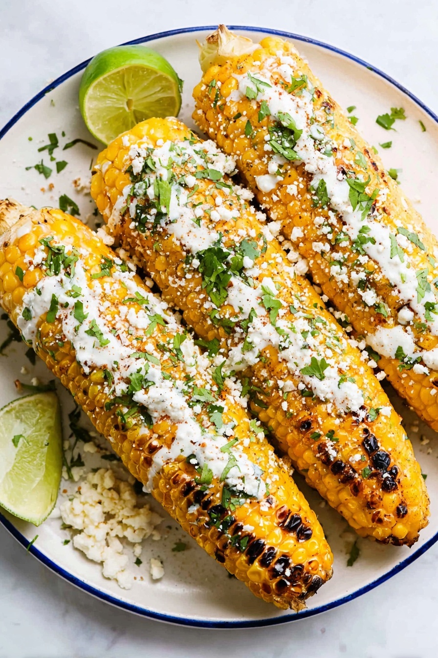 Three grilled corn on the cobs are placed on a white oval plate with a blue rim over a white marbled surface. Each corn has visible grill marks and is coated with a layer of creamy white sauce. Crumbled white cheese is sprinkled evenly over the cobs, adding texture, while green chopped herbs are scattered on top for color. A lime wedge and extra cheese pieces sit on the edge of the plate, enhancing the fresh look. The combination of yellow corn, white sauce, cheese, and green herbs creates a vibrant and appetizing dish photo taken with an iphone --ar 2:3 --v 7