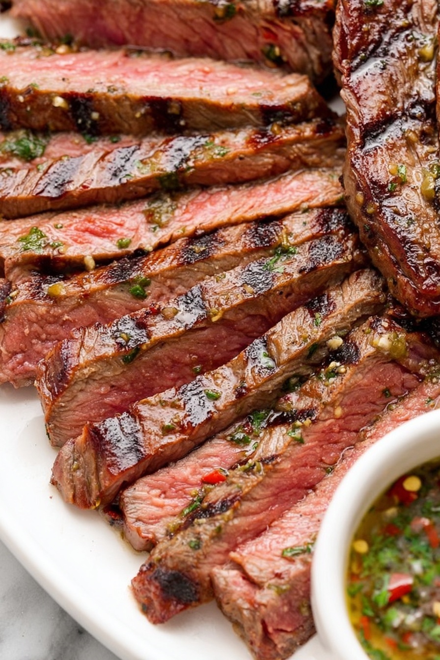 A white plate holds several slices of grilled steak arranged in a fanned-out pattern, showing three main layers per slice: a dark brown crust on the outside, a pinkish-red center, and a lighter brown edge between them, with visible grill marks and some small seasoning bits on the surface. To the right edge of the image, part of a wooden bowl with a green sauce inside is visible. The background is a white marbled texture. photo taken with an iphone --ar 2:3 --v 7