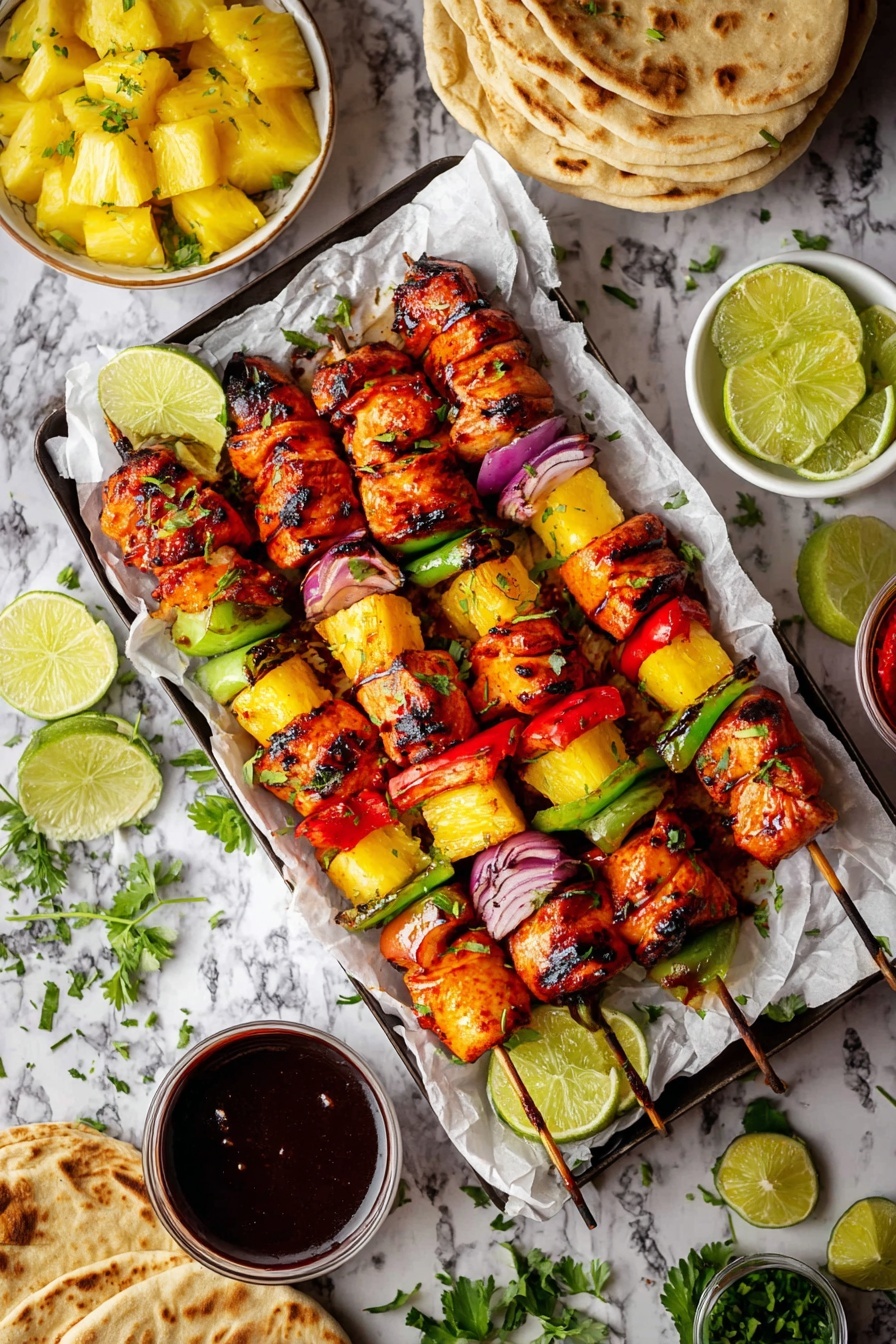 A white plate holds several grilled skewers arranged partly overlapping. Each skewer has colorful layers that include shiny, glazed chunks of golden-brown grilled chicken, bright yellow grilled pineapple pieces, red bell pepper slices, green zucchini pieces, and purple onion segments. The chicken pieces have a glossy, charred surface with a sticky glaze that reflects light. Fresh green cilantro leaves garnish the plate, adding a bright contrast. On one side, there is a small white bowl filled with dark red barbecue sauce, and lime wedges sit next to it. The plate rests on a white marbled surface. Photo taken with an iphone --ar 2:3 --v 7