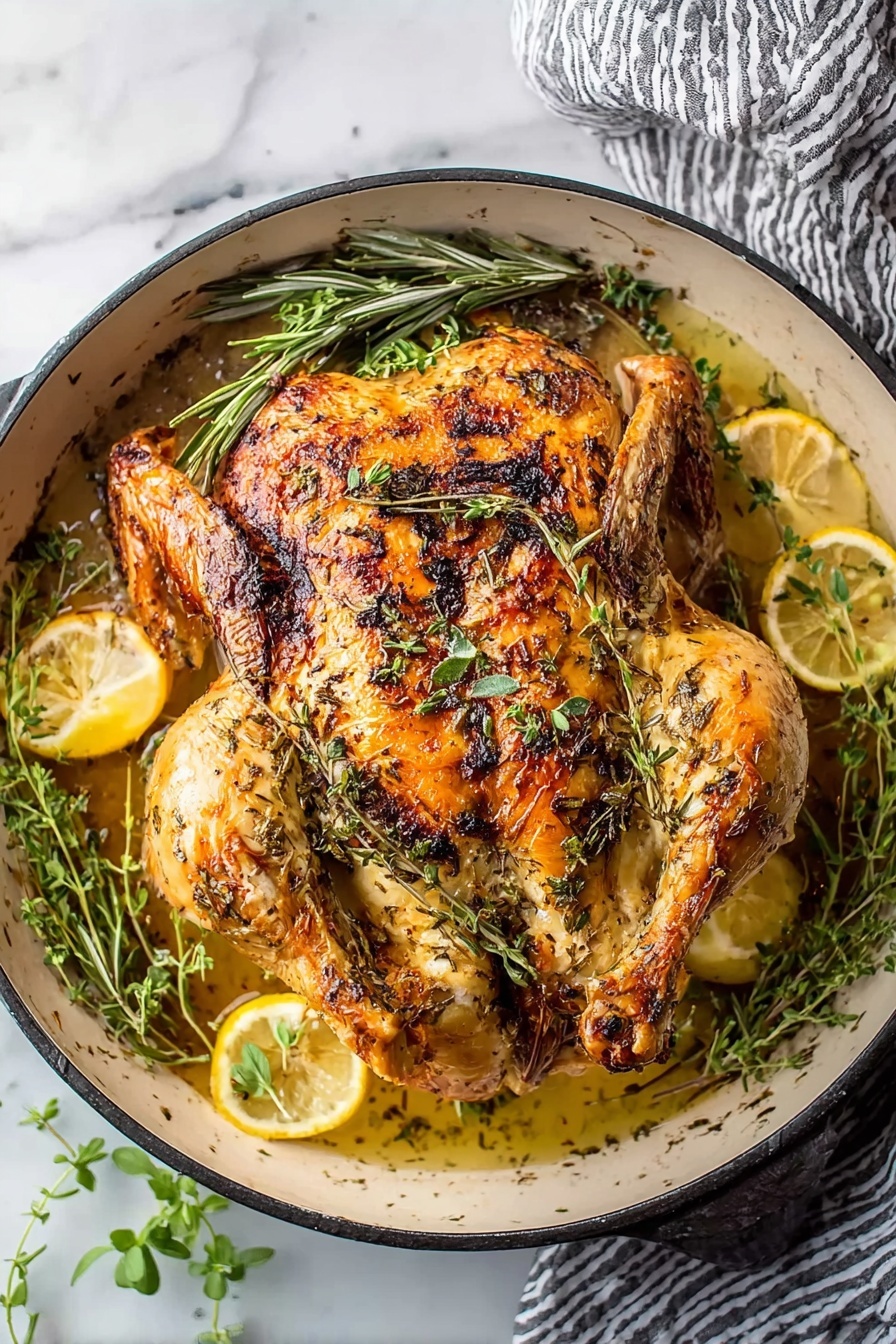 A whole roasted chicken with golden brown skin and visible herbs roasted on top sits centered on a round white pan. The bird is spatchcocked flat with wings and legs stretched out. Surrounding the chicken are thin lemon slices placed evenly around the edges, along with sprigs of fresh rosemary and thyme adding green and woody textures. The surface under the pan is a white marbled texture, scattered with some chopped herbs. The lighting highlights the crispy skin and juicy texture, with steam or juices pooled slightly beneath the chicken. photo taken with an iphone --ar 2:3 --v 7