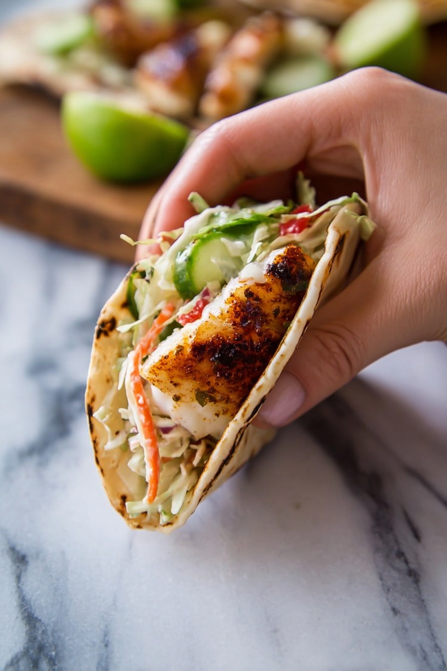 A close-up of a grilled taco held by a woman's hand, showing a soft, light-brown tortilla with charred spots wrapped around a filling. The filling has several layers: a bottom piece of golden-brown grilled fish with char marks, topped with a fresh mix of shredded white cabbage and thin orange carrot strips, followed by slices of green cucumber and small red tomato pieces. The taco is held upright, sitting on a white marbled surface with blurred grilled food and green lime in the background. photo taken with an iphone --ar 2:3 --v 7