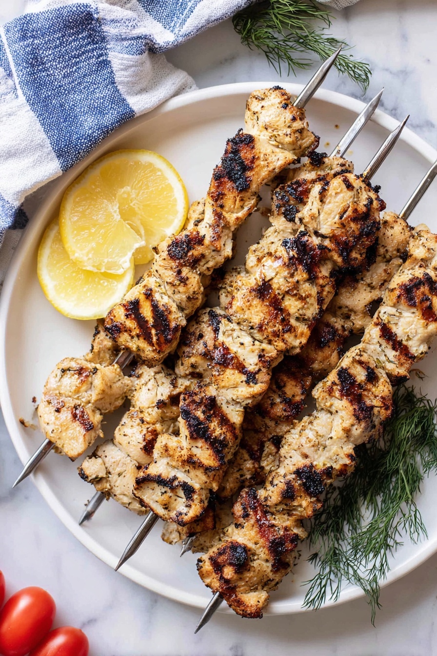 The image shows five metal skewers with grilled chicken pieces placed on a white plate. The chicken is light brown with visible char marks and slightly blackened edges, showing a grilled texture. There are two lemon wedges on the plate, positioned near fresh green dill leaves to the left side of the skewers. The plate sits on a white marbled surface, with a blue and white striped cloth and a small bunch of red cherry tomatoes in the lower left corner. The photo taken with an iphone --ar 2:3 --v 7