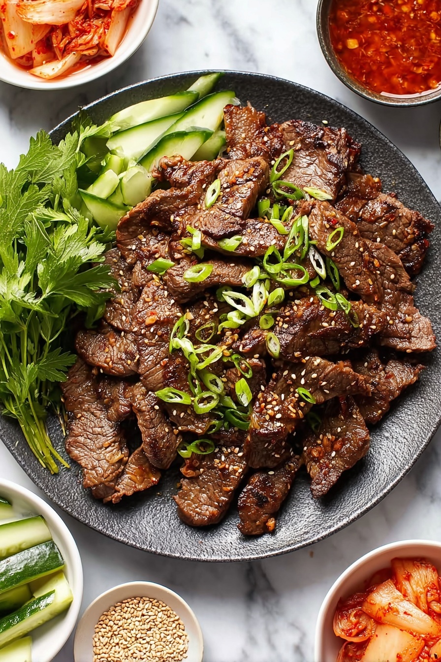 A large dark gray plate holds several slices of cooked beef arranged in a loose pile at the center, each piece glistening with a slight sheen and sprinkled with white sesame seeds and chopped green onions. To the left side of the beef, there are three green perilla leaves stacked neatly, and below them are thin cucumber strips stacked in a small bunch. The plate is placed on a white marbled surface. Surrounding the main plate are small white bowls filled with different side dishes: one with red-orange kimchi, another with a dark red chili sauce with visible chili flakes, a third with light brown sesame seeds, and a fourth with a chunky orange paste. Photo taken with an iphone --ar 2:3 --v 7