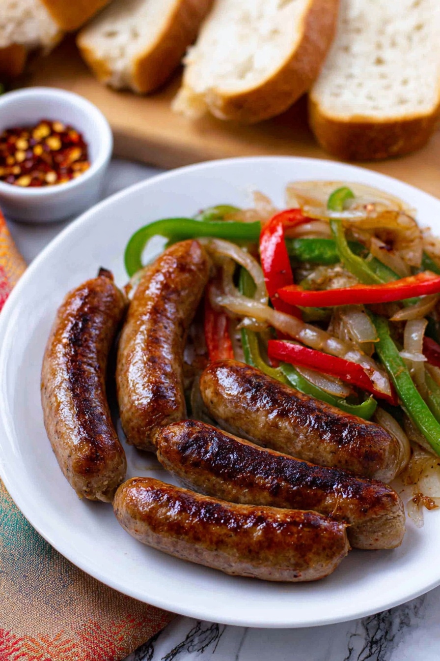 A white plate holds five grilled sausages with a browned and slightly charred texture, arranged in an arc on the left side of the plate. On the right side, there is a mix of sautéed vegetables including thin slices of white onions, bright green bell peppers, and red bell peppers, all with a light char and a shiny texture from cooking. In the background, sliced white bread is on a wooden board, and a small white bowl with red chili flakes is also visible. The whole setup is on a white marbled surface. photo taken with an iphone --ar 2:3 --v 7