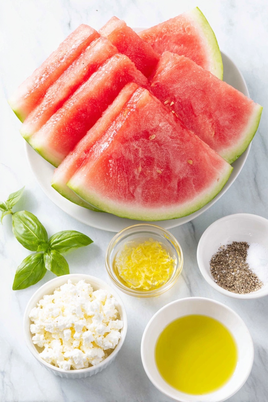 Flat lay of a large wedge of ripe watermelon with bright pink flesh and dark green rind, a small white ceramic bowl of golden honey, a small white ceramic bowl with fresh lemon zest and lemon wedges, a small white ceramic bowl of clear olive oil, a small white ceramic bowl of coarse kosher salt, a small white ceramic bowl of cracked black peppercorns, a small white ceramic bowl of creamy white crumbled feta cheese, and a small pile of fresh torn green basil leaves, all arranged in perfect symmetry on a clean white marble surface, soft natural light, photo taken with an iPhone, professional food photography style, fresh ingredients, white ceramic bowls, no bottles, no duplicates, no utensils, no packaging --ar 2:3 --v 7 --p m7354615311229779997