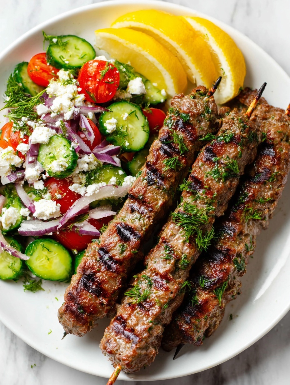 The image shows four grilled skewers of meat with visible grill marks, laid across the top half of a white plate. The meat is light brown with specks of green herbs sprinkled on top. Below the skewers is a colorful salad made of sliced cucumbers, halved cherry tomatoes, small white chunks of cheese, and bits of red onion, all mixed together. In the top right corner of the plate, there are two wedges of yellow lemon. The plate is set on a white marbled surface. photo taken with an iphone --ar 2:3 --v 7