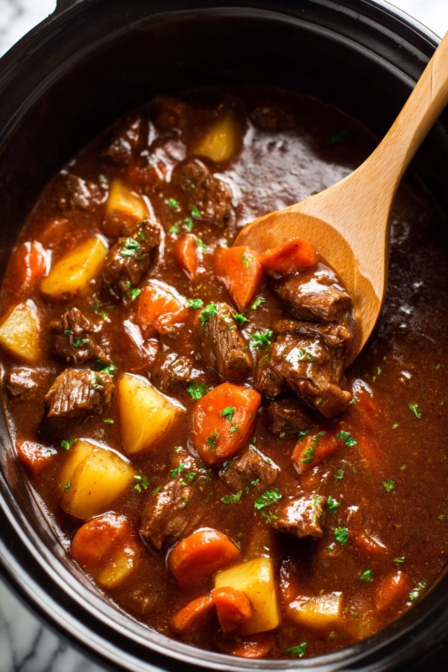 The image shows a close-up of thick beef stew inside a black pot. The stew has three visible layers: the bottom layer is a rich, dark brown sauce with a glossy texture; scattered throughout are large chunks of beef that are dark brown and tender-looking. Mixed in are bright orange carrot pieces and light yellow potato pieces, both soft and slightly shiny. The stew is sprinkled with small green herb bits on top for color. A wooden spoon is partly dipped into the stew on the right side, lifting some pieces. The background is not visible well, focusing fully on the stew. Photo taken with an iphone --ar 2:3 --v 7
