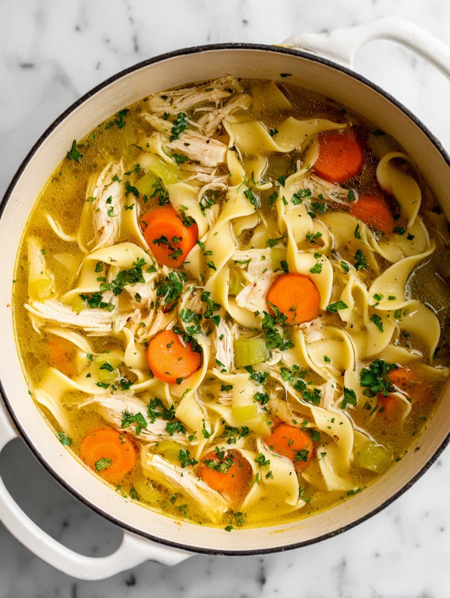 A close-up top view of a white bowl filled with chicken noodle soup, showing three main layers: at the bottom, a clear light golden broth with tiny oil droplets; above it, thick, wide, unevenly cut yellow egg noodles partially submerged; scattered on top are chunks of shredded light tan chicken meat, orange carrot slices, and pale green celery pieces, all sprinkled with fresh green parsley leaves. The bowl sits on a white marbled surface, and the edges of the bowl have a thin black rim. photo taken with an iphone --ar 2:3 --v 7
