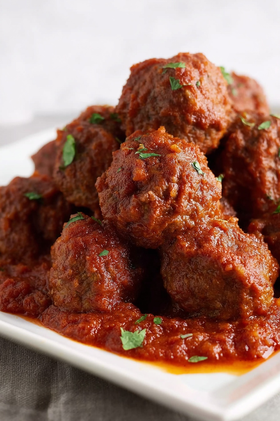 A white rectangular plate holds a group of round meatballs covered in chunky red tomato sauce, with small green herb pieces sprinkled neatly on top. The meatballs are stacked in layers with the sauce dripping down the sides, creating a rich and textured look. The background is a white marbled surface. photo taken with an iphone --ar 2:3 --v 7