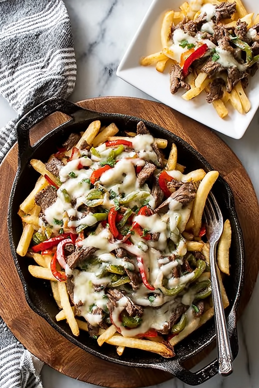The dish shows a black cast iron skillet placed on a wooden board, filled with a mix of French fries, thin slices of cooked beef, red and green bell pepper strips, all covered with melted white cheese sauce. Two silver forks rest in the skillet, one on the right side and one on the left side. Above the skillet, there is a small white square plate holding a smaller portion of the same dish, with a silver fork placed in it. The background is a white marbled texture, with a gray and white striped cloth on the left side. Photo taken with an iphone --ar 2:3 --v 7