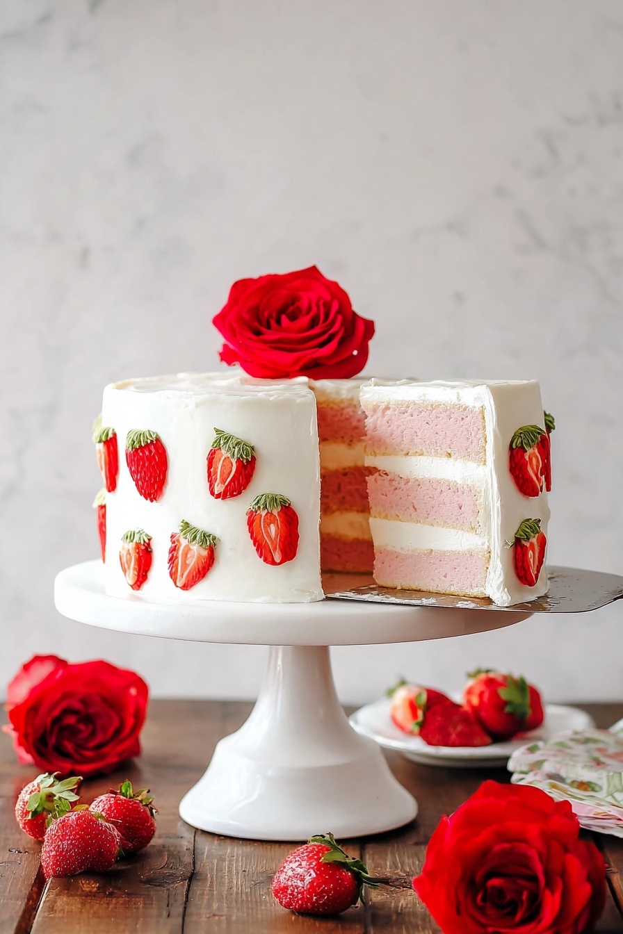 A two-layer round cake with pink sponge layers is covered in smooth white frosting. Small red strawberry shapes with tiny green tops decorate the side of the cake evenly. A large red rose sits on top in the center, adding a vibrant touch. A slice is lifted from the right side, showing the pink inside and white frosting between layers. The cake sits on a tall white cake stand placed on a wooden table. Around the cake, there are fresh red roses and strawberries scattered, with a stack of white plates and some roses nearby. The background has a white marbled texture. Photo taken with an iphone --ar 2:3 --v 7