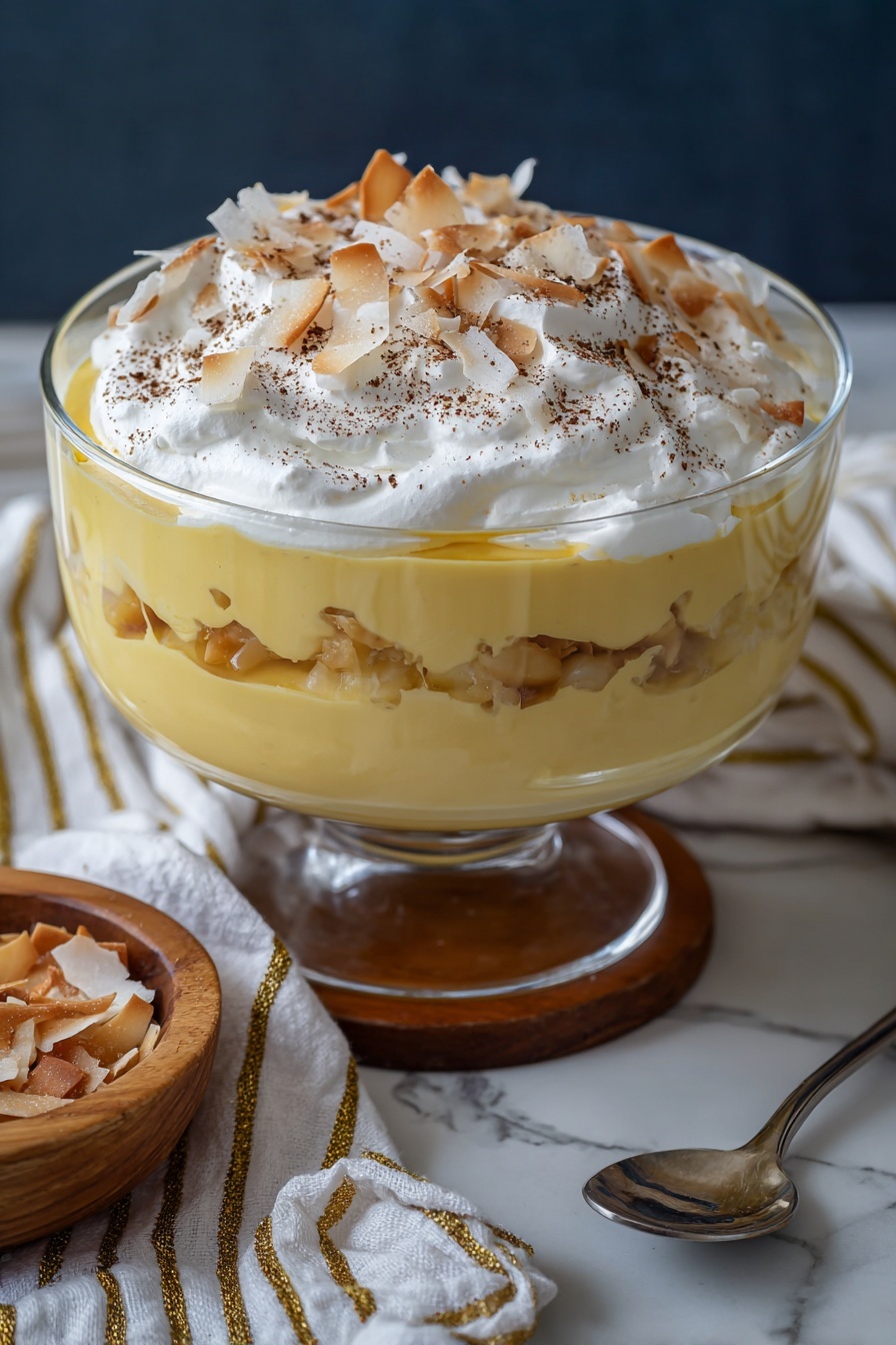 The image shows a tall clear glass bowl filled with a dessert made of three visible layers. The bottom layer is a light golden cake or cookie base, visible through the transparent bowl. The middle layer is thick and creamy, pale yellow in color, with pieces of cake or cookie submerged inside it. The top layer is a fluffy white whipped topping, sprinkled generously with toasted light brown coconut flakes and a fine dusting of cinnamon or cocoa powder. The bowl sits on a wooden base, placed on a white marbled surface. Nearby, a small white wooden bowl holds extra toasted coconut flakes, and a silver spoon lies on a white cloth with fine gold stripes. photo taken with an iphone --ar 2:3 --v 7