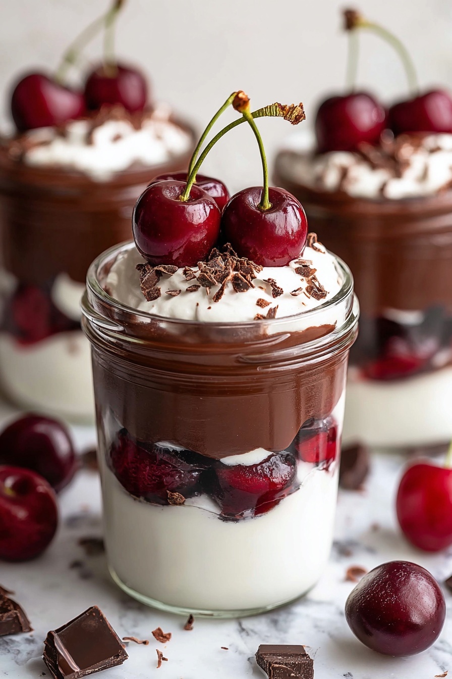 The image shows a clear glass filled with three main layers: the bottom and middle layers are creamy white, smooth in texture, while the two dark brown layers of chocolate pudding set between the white layers are thick and shiny. Inside the middle chocolate layer are red cherry pieces, visible through the glass. On top, there is a white whipped cream layer spread unevenly with three whole deep red cherries with stems standing on it. Small chocolate shavings are sprinkled over the whipped cream. The glass sits on a white marbled surface with some cherries and pieces of dark chocolate scattered around. Photo taken with an iphone --ar 2:3 --v 7