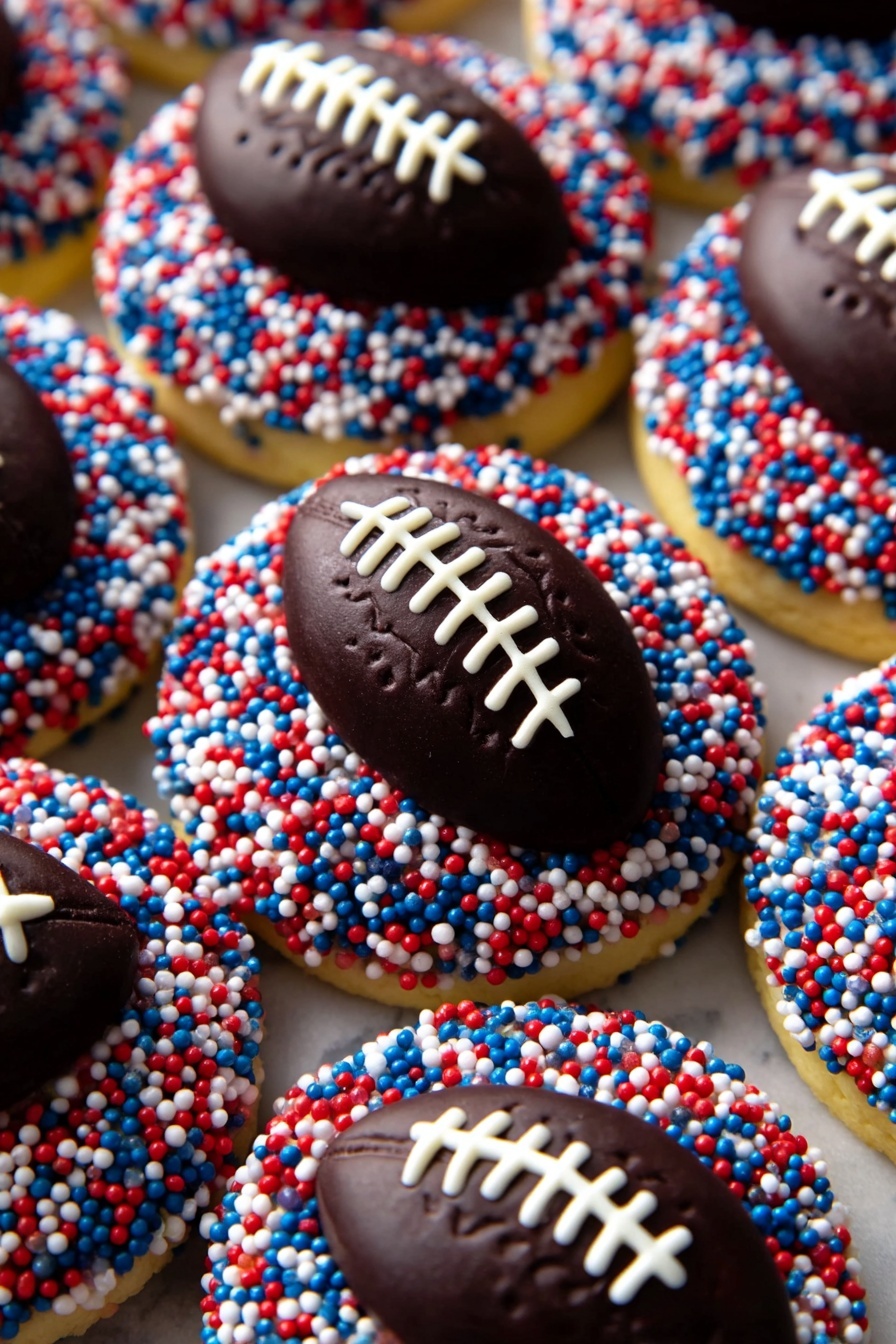 The image shows round cookies covered in small colorful sprinkles in red, blue, yellow, and white. Each cookie has a dark brown, shiny chocolate piece on top shaped like a football with white icing lines that look like laces. The cookies are placed close together on a white marbled surface. The sprinkles cover the entire top and sides of the cookies, making them look bright and festive. photo taken with an iphone --ar 2:3 --v 7